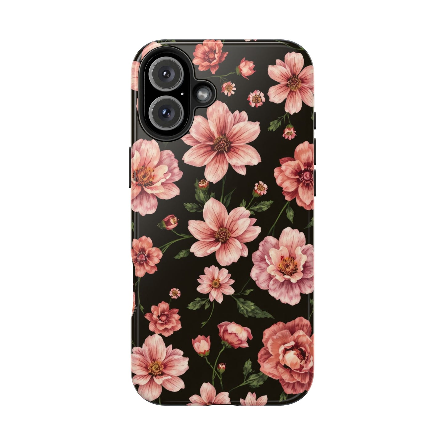 Floral Tough Phone Case - Durable Protection with Elegant Pink Flowers on Black Design - for iPhone