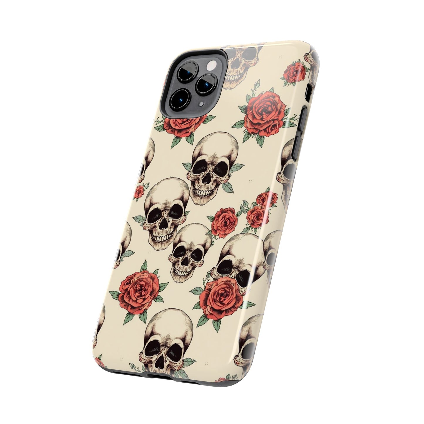 Tough Phone Case with Skull and Rose Design - Edgy Floral iPhone Protection