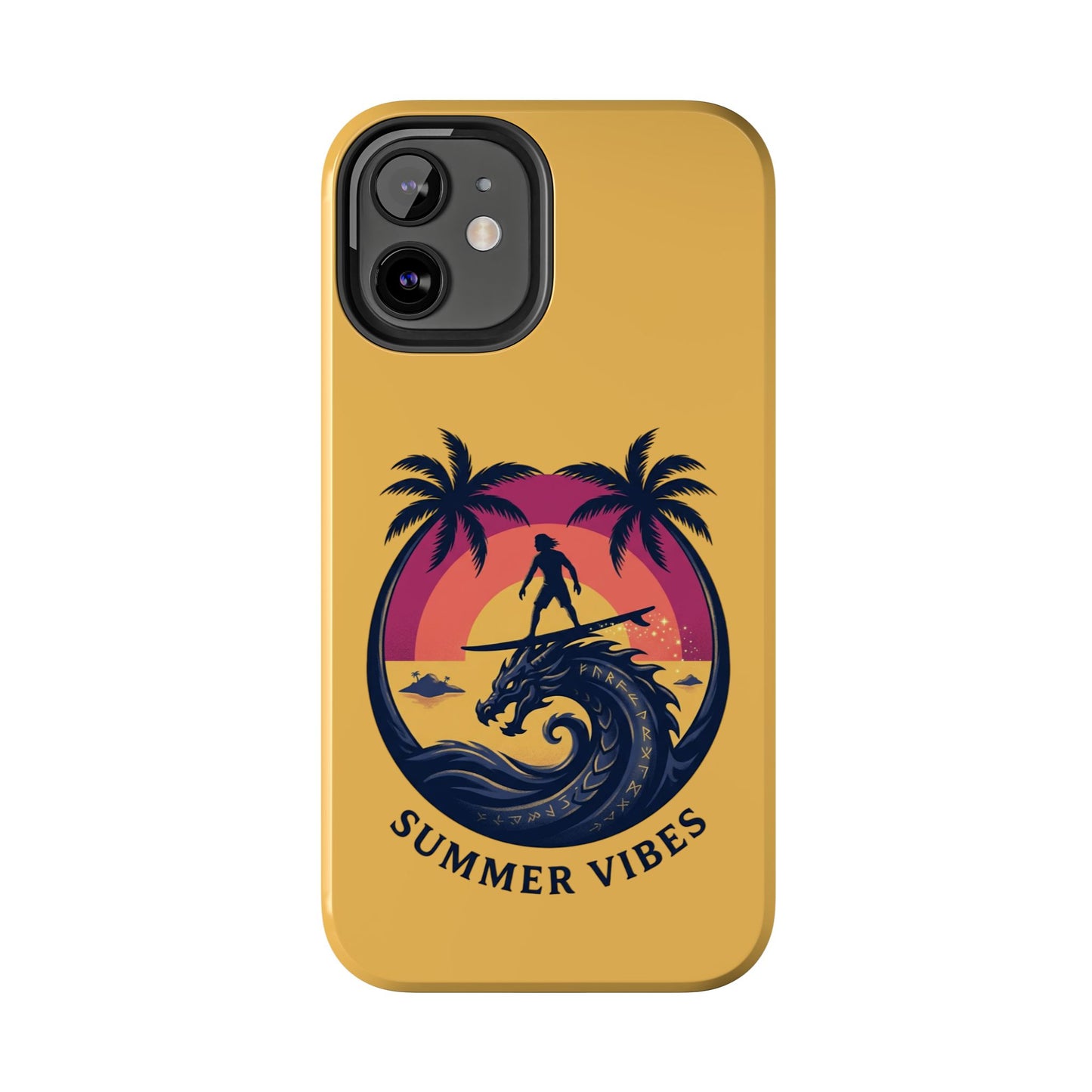 Surfing Dragon Phone Case — Silhouette Surfer with Palms & “Summer Vibes”