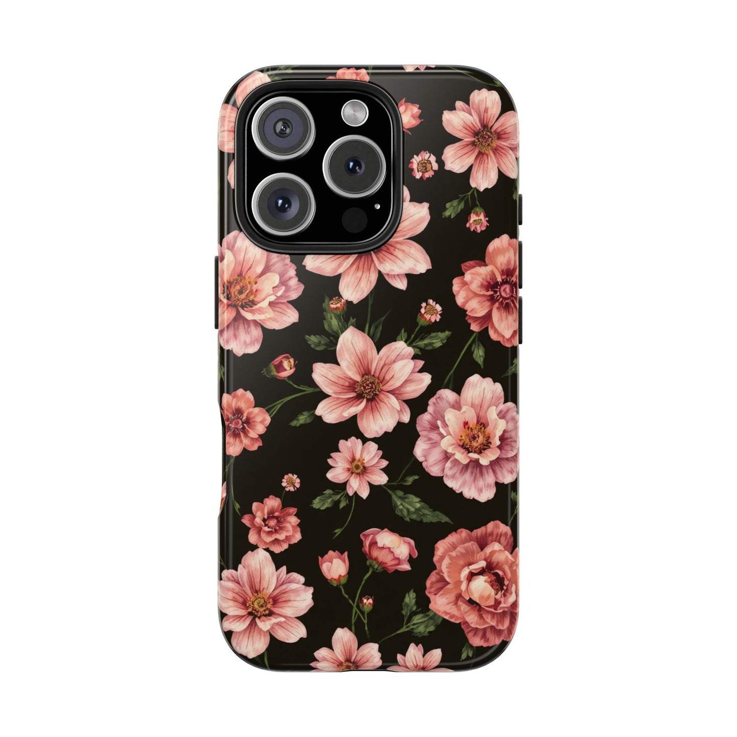 Floral Tough Phone Case - Durable Protection with Elegant Pink Flowers on Black Design - for iPhone