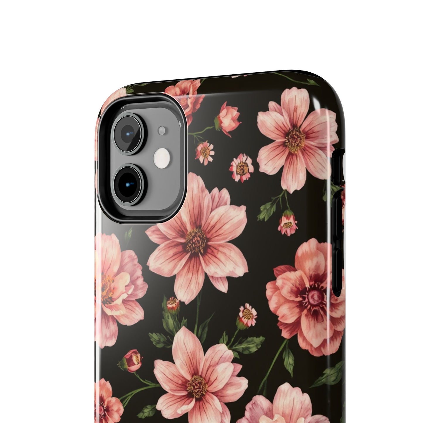 Floral Tough Phone Case - Durable Protection with Elegant Pink Flowers on Black Design - for iPhone