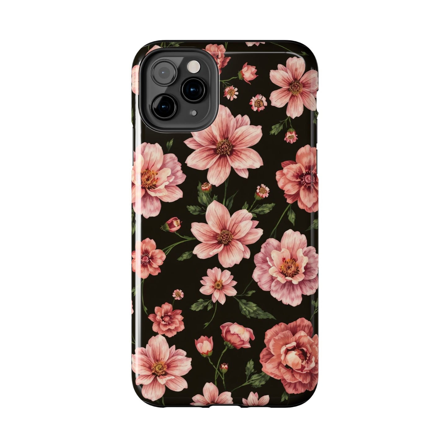 Floral Tough Phone Case - Durable Protection with Elegant Pink Flowers on Black Design - for iPhone