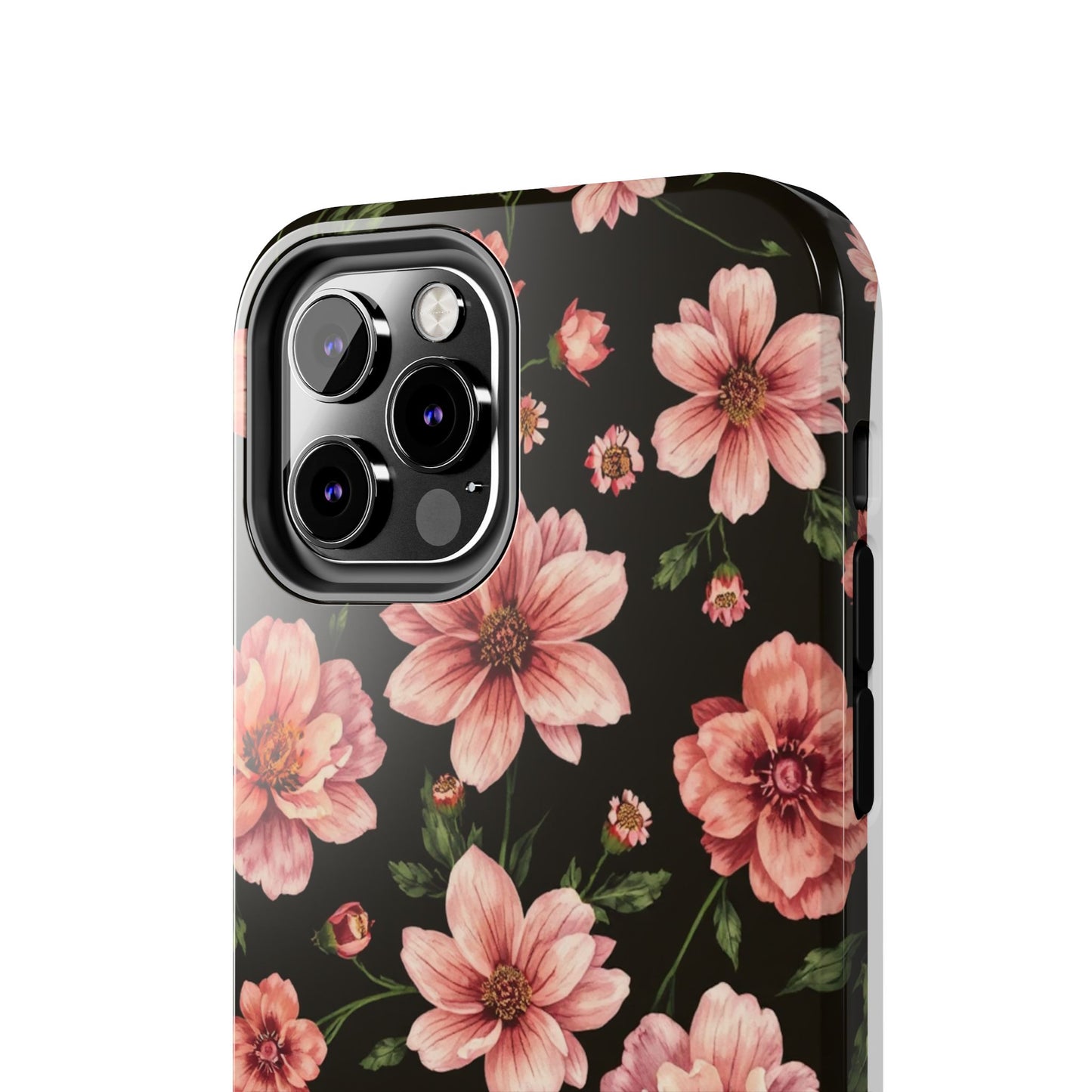 Floral Tough Phone Case - Durable Protection with Elegant Pink Flowers on Black Design - for iPhone