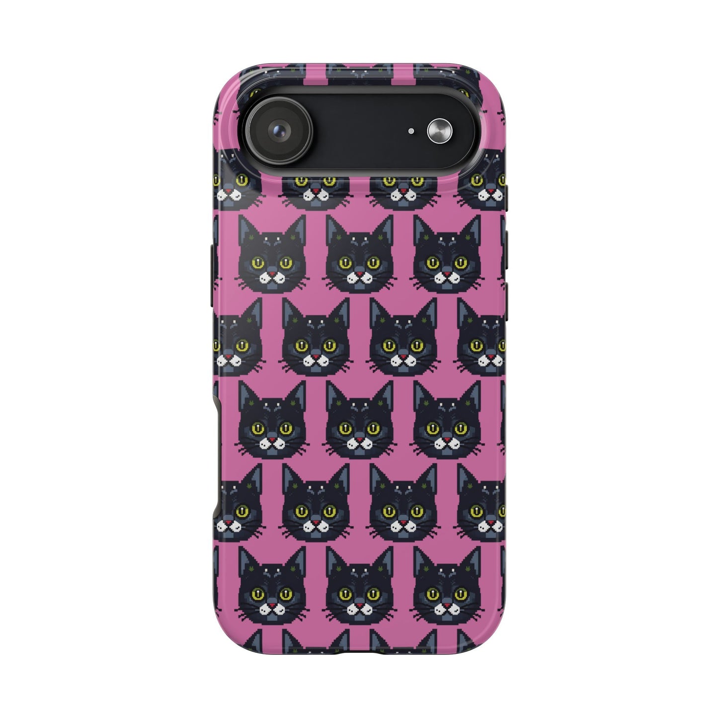 Playful Black Cat on Pink - Tough Phone Case - Pixel Cat Pattern - for iPhone