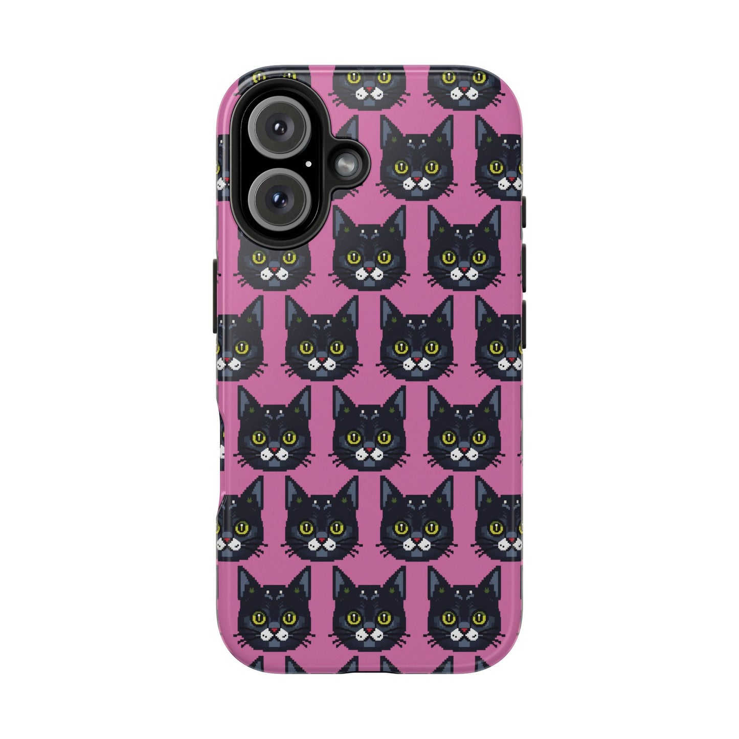 Playful Black Cat on Pink - Tough Phone Case - Pixel Cat Pattern - for iPhone