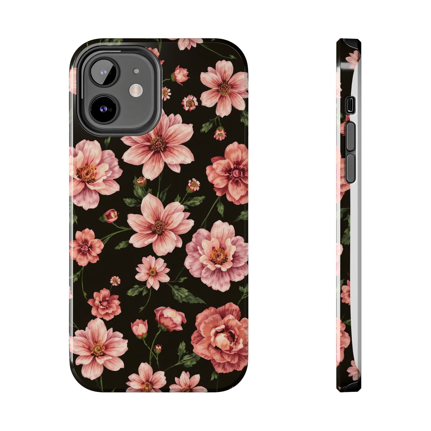 Floral Tough Phone Case - Durable Protection with Elegant Pink Flowers on Black Design - for iPhone