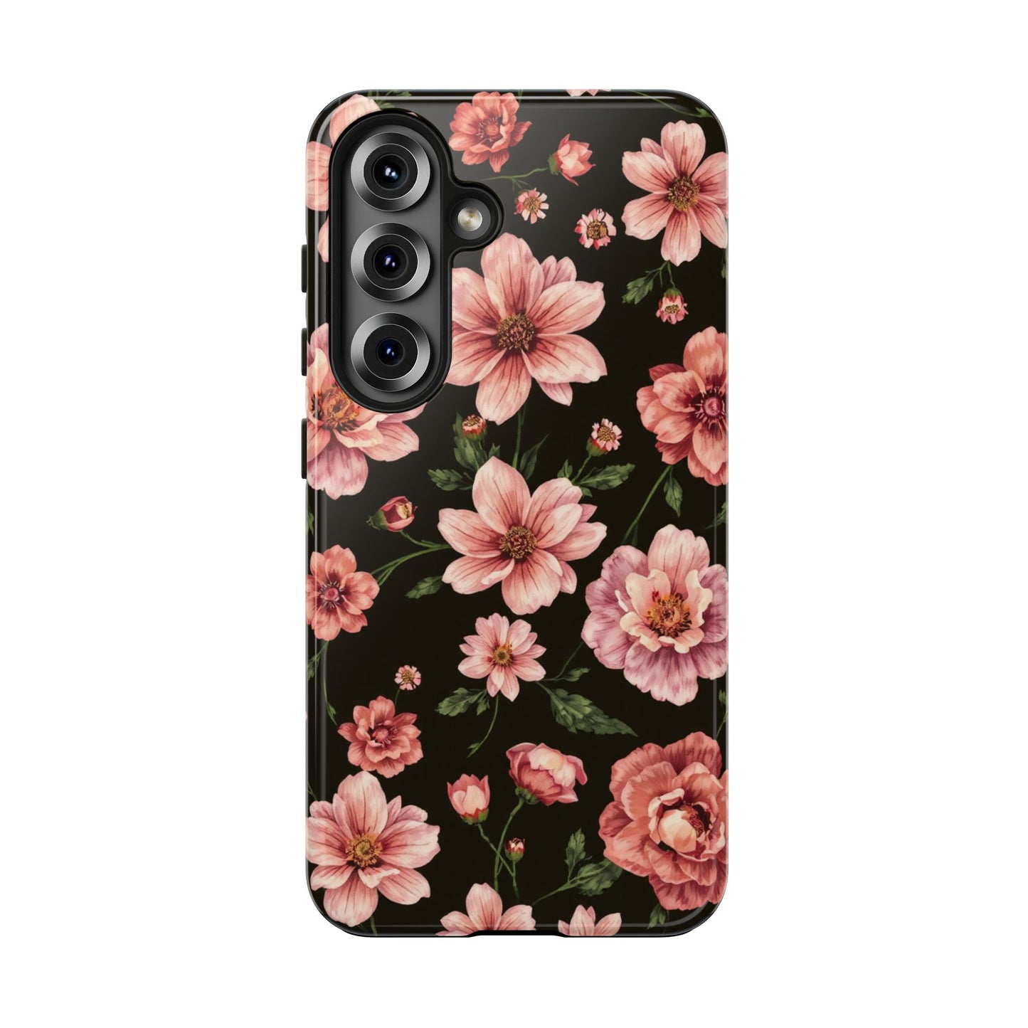 Floral Tough Phone Case - Durable Protection with Elegant Pink Flowers on Black Design - for iPhone