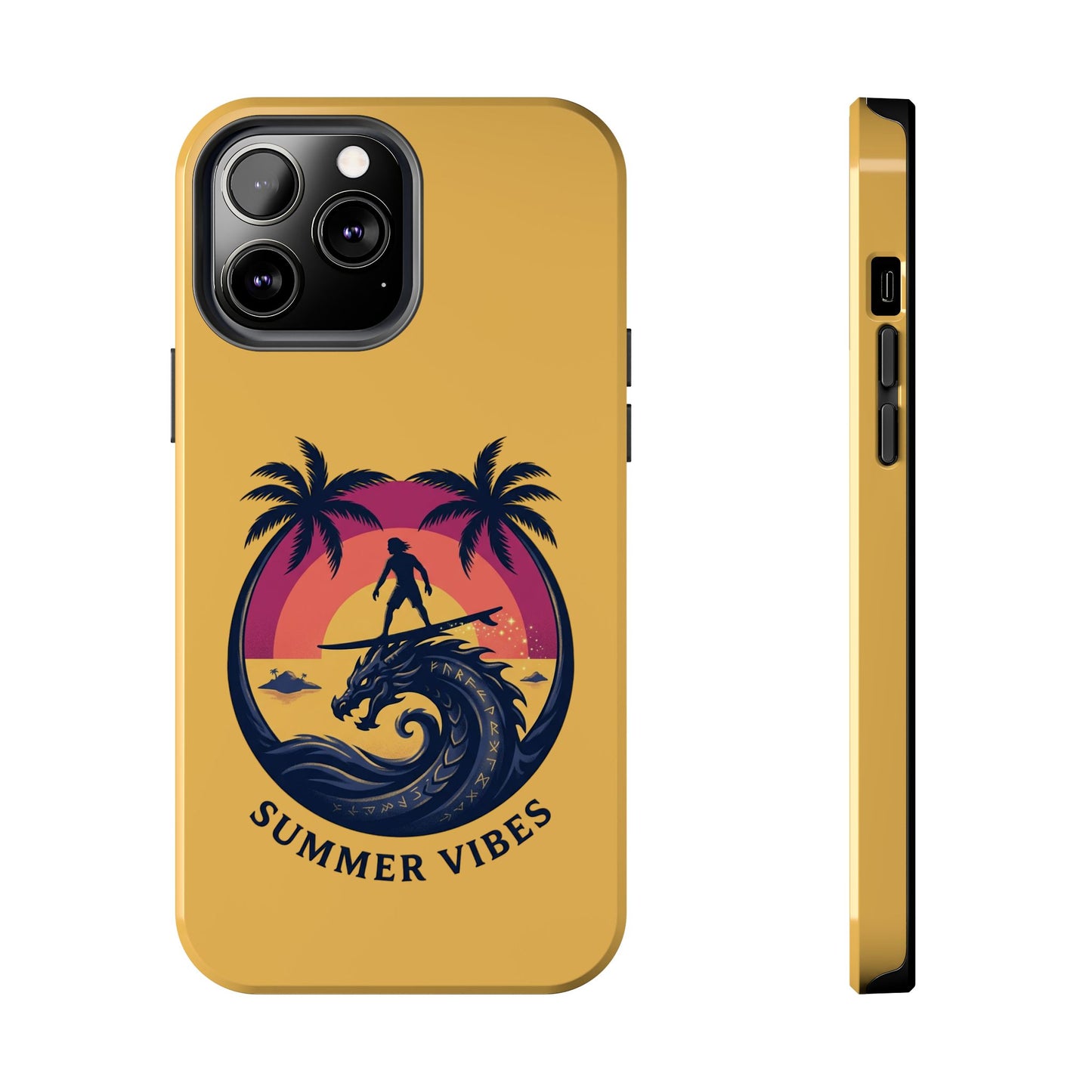 Surfing Dragon Phone Case — Silhouette Surfer with Palms & “Summer Vibes”