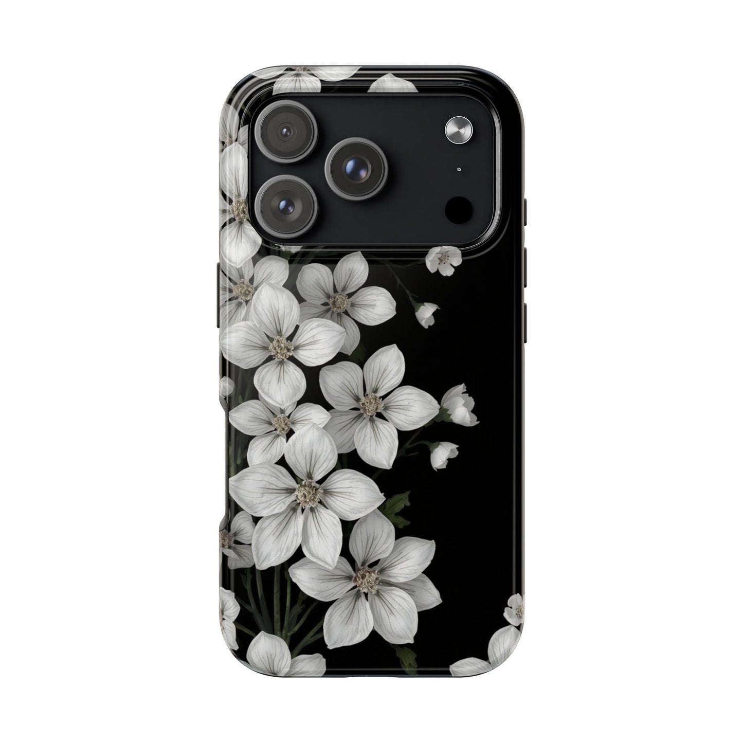 Floral Tough Phone Case - Pure Elegant White Petals on Black Background - for iPhone