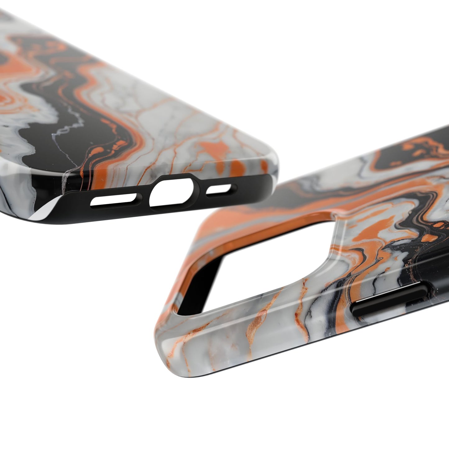 Stylish Tough Phone Case - Elegant Black, White & Orange Marble Design - for iPhone