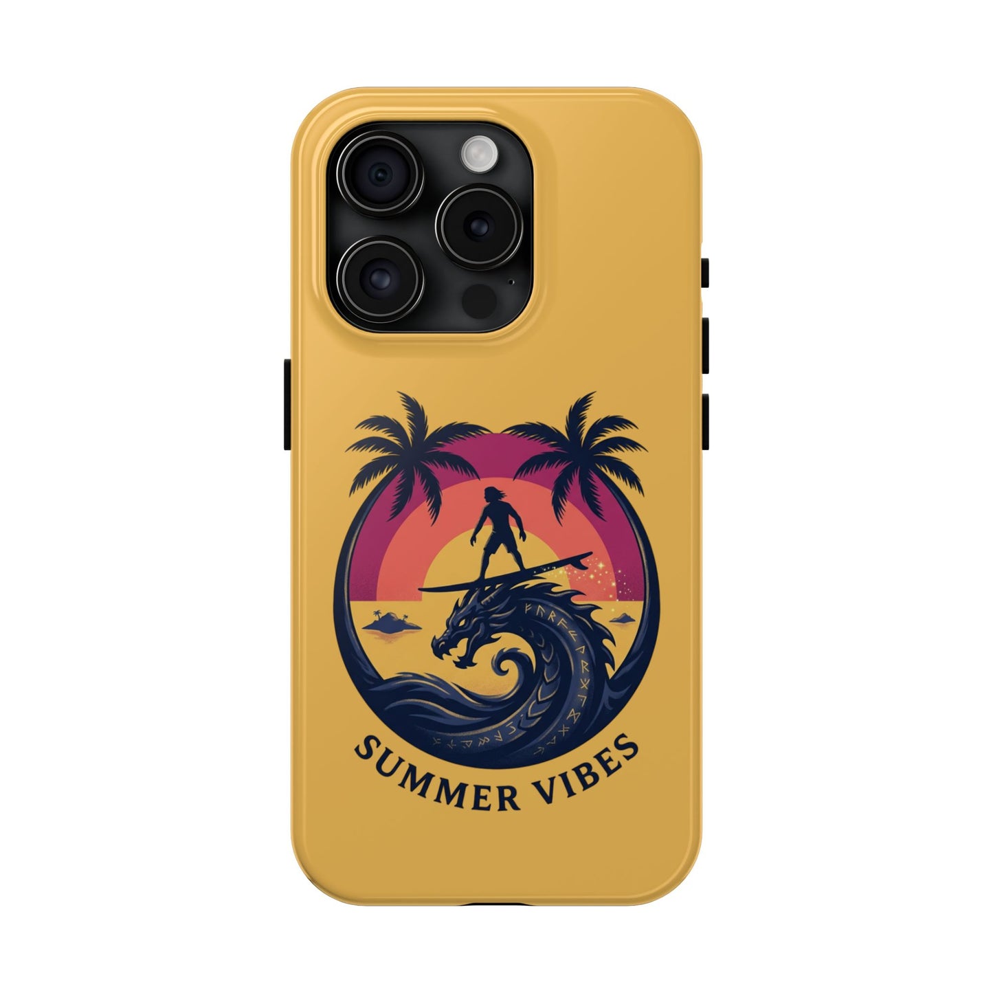 Surfing Dragon Phone Case — Silhouette Surfer with Palms & “Summer Vibes”