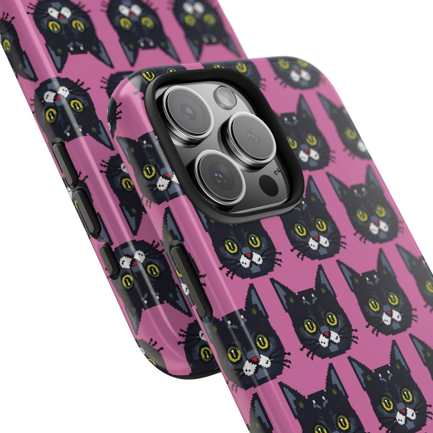 Playful Black Cat on Pink - Tough Phone Case - Pixel Cat Pattern - for iPhone