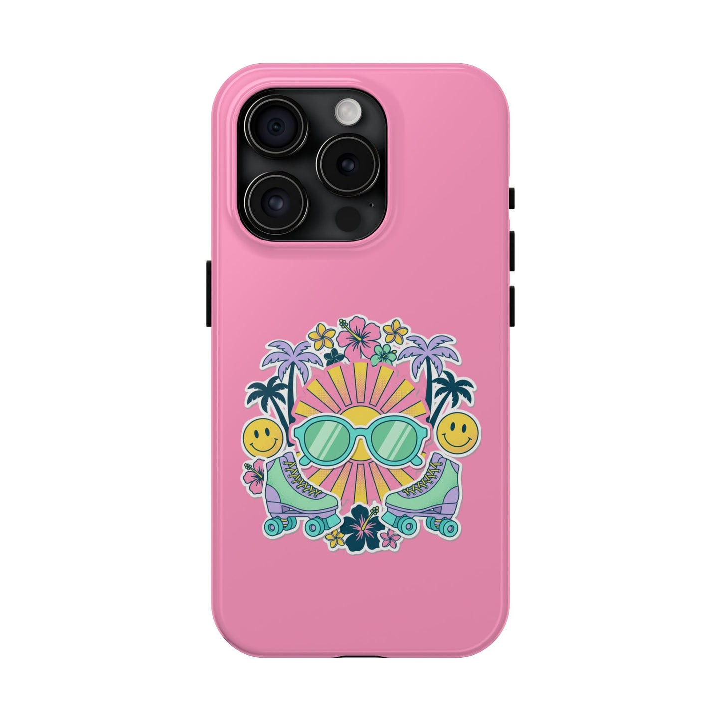 Retro Summer Phone Case — Y2K Palm Trees, Roller Skates & Smiley Collage