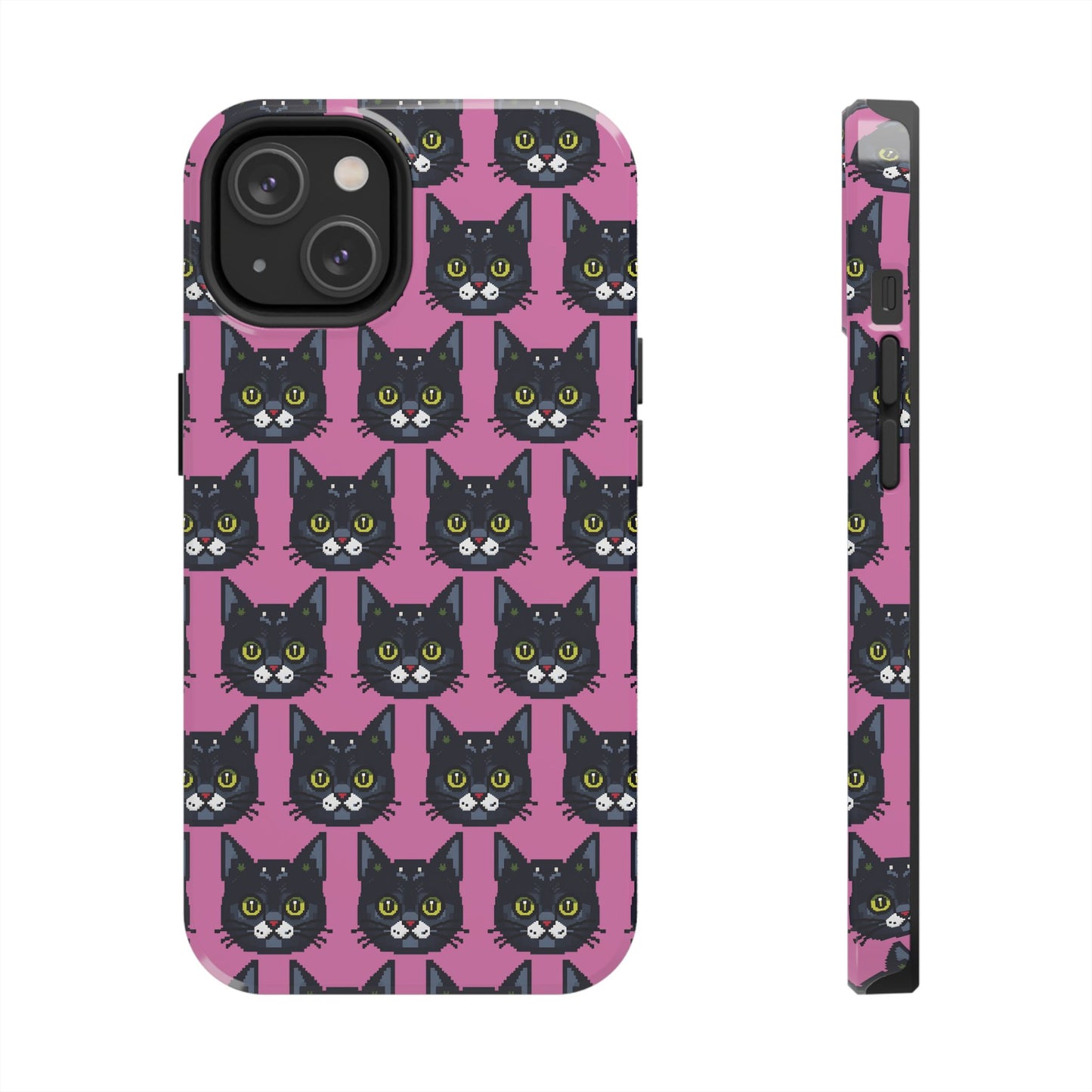 Playful Black Cat on Pink - Tough Phone Case - Pixel Cat Pattern - for iPhone