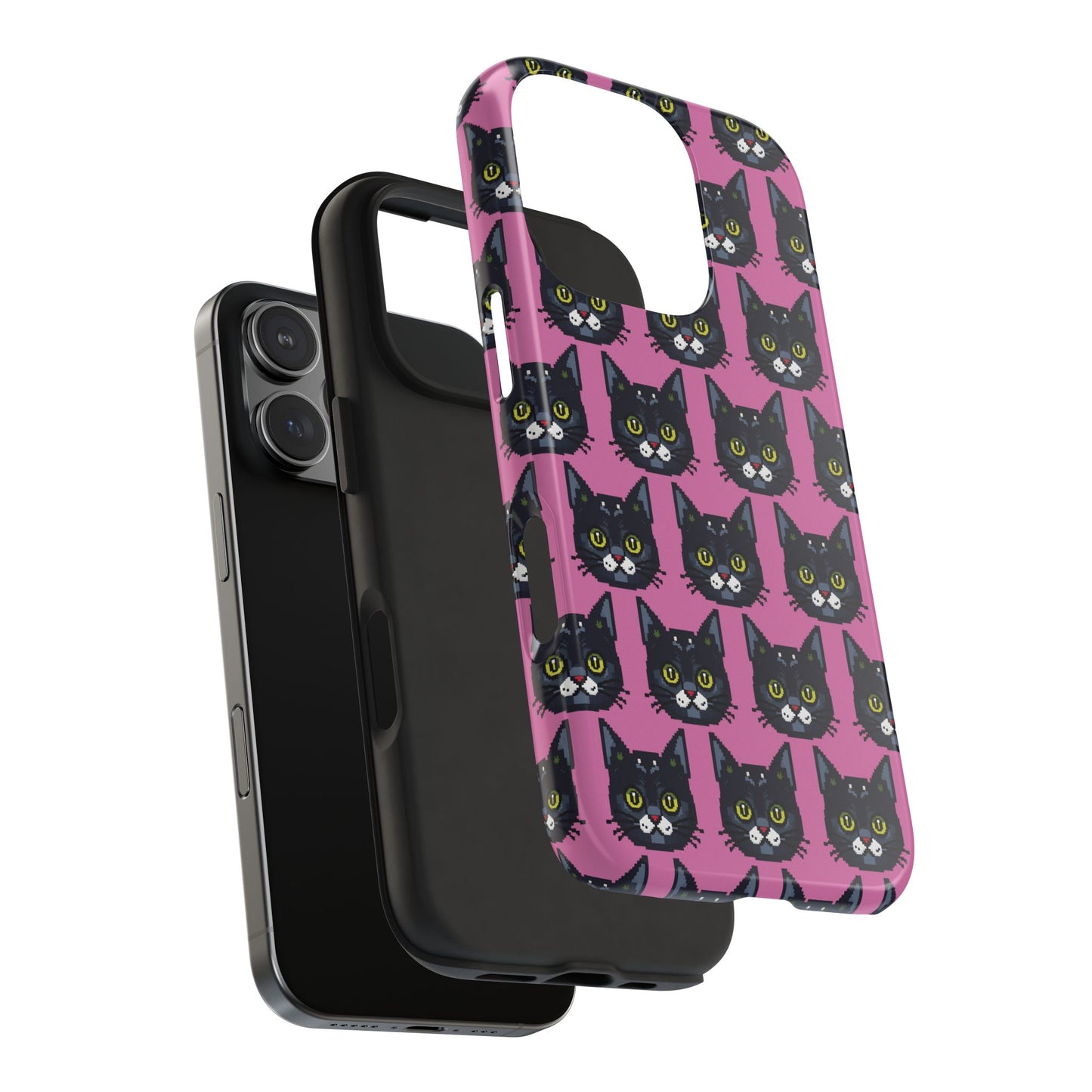 Playful Black Cat on Pink - Tough Phone Case - Pixel Cat Pattern - for iPhone