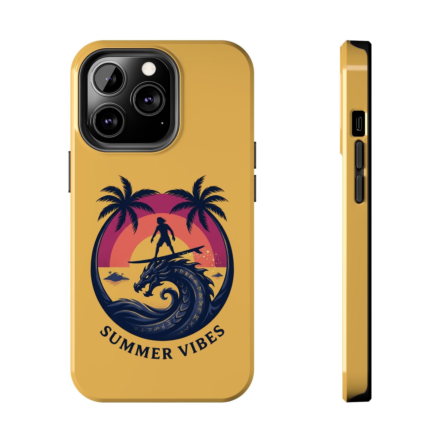 Surfing Dragon Phone Case — Silhouette Surfer with Palms & “Summer Vibes”