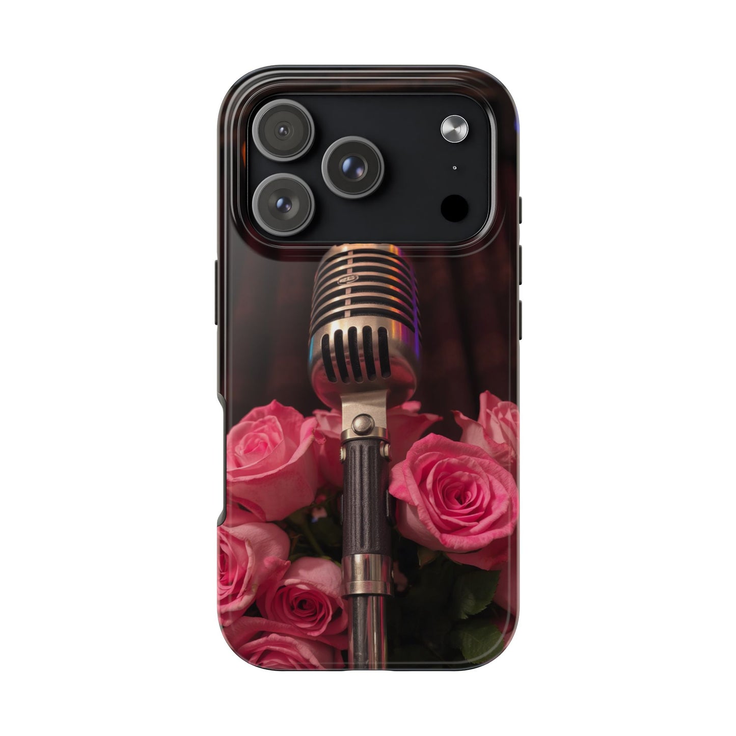 Stylish Tough Phone Case with Vintage Microphone and Roses