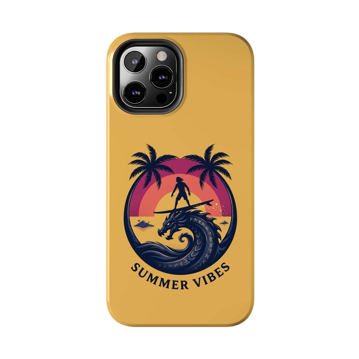 Surfing Dragon Phone Case — Silhouette Surfer with Palms & “Summer Vibes”