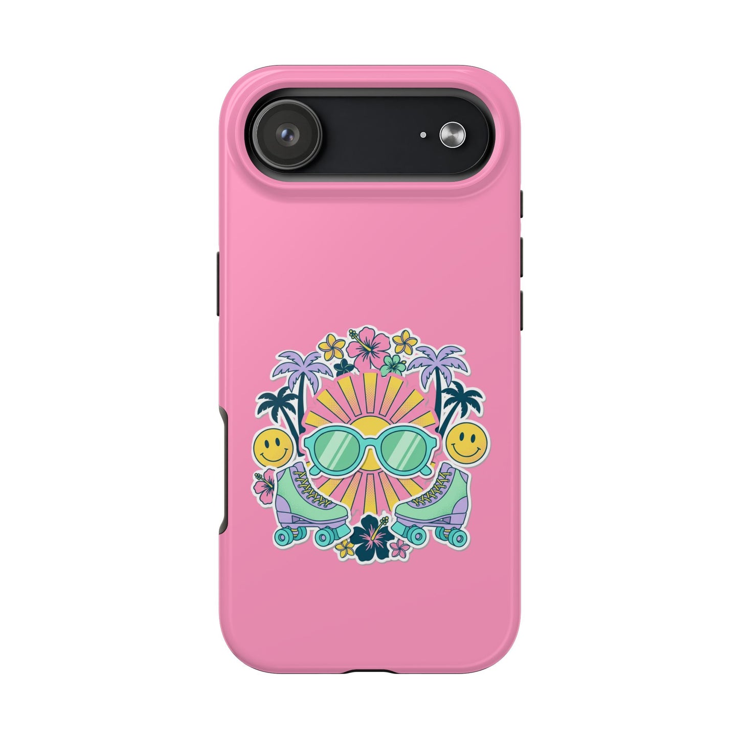 Retro Summer Phone Case — Y2K Palm Trees, Roller Skates & Smiley Collage