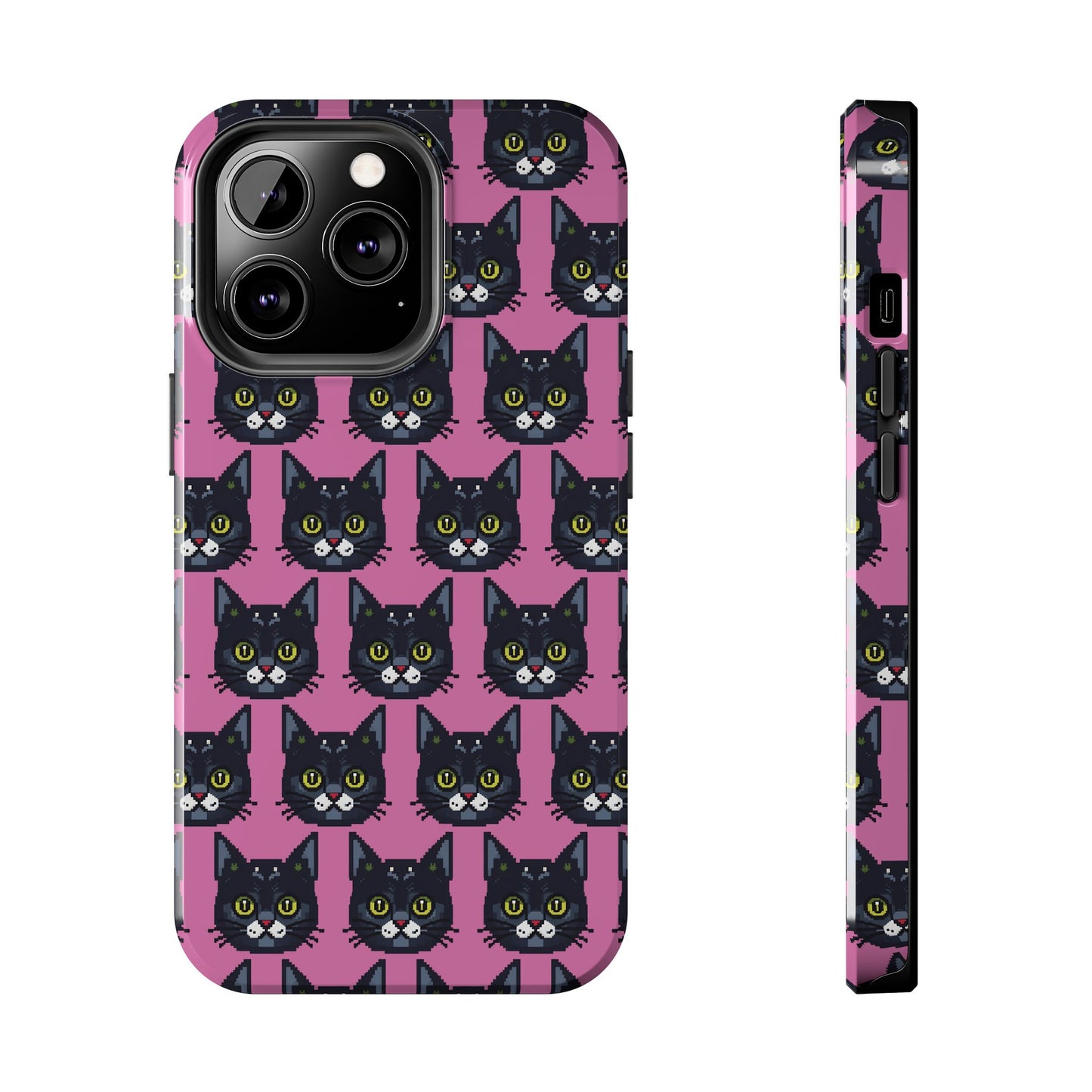 Playful Black Cat on Pink - Tough Phone Case - Pixel Cat Pattern - for iPhone