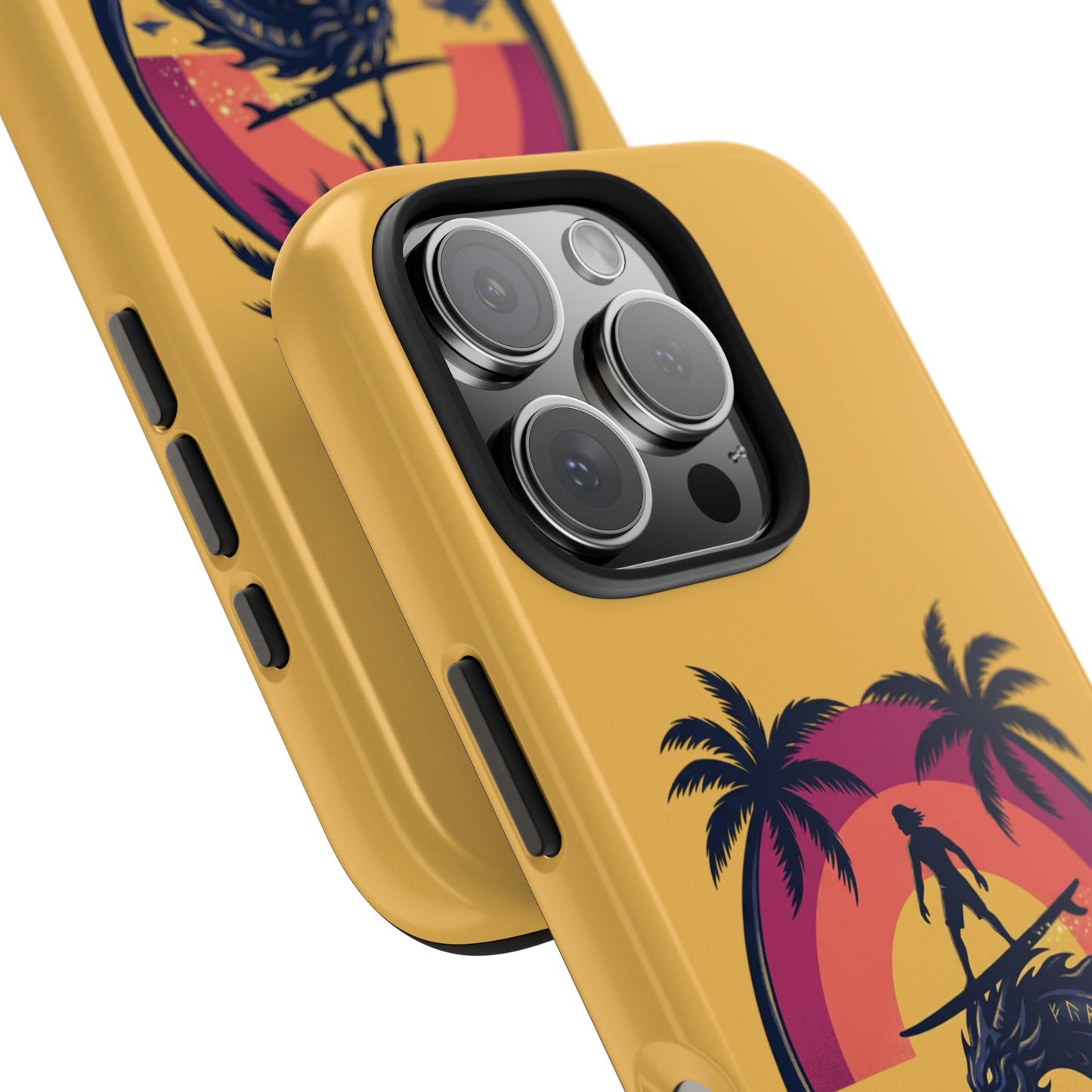 Surfing Dragon Phone Case — Silhouette Surfer with Palms & “Summer Vibes”