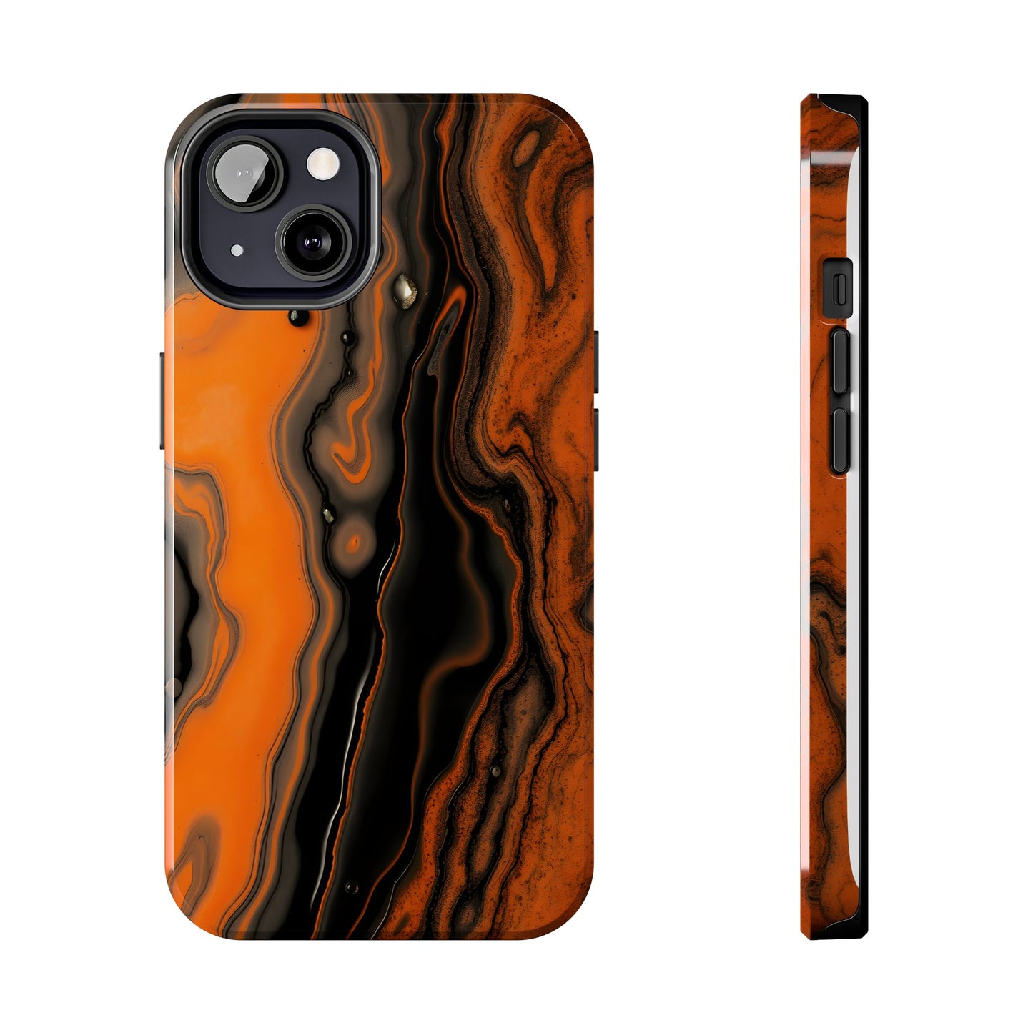 Stylish Tough Phone Case - Bold Black and Orange Metallic Lava Flow Design - for iPhone