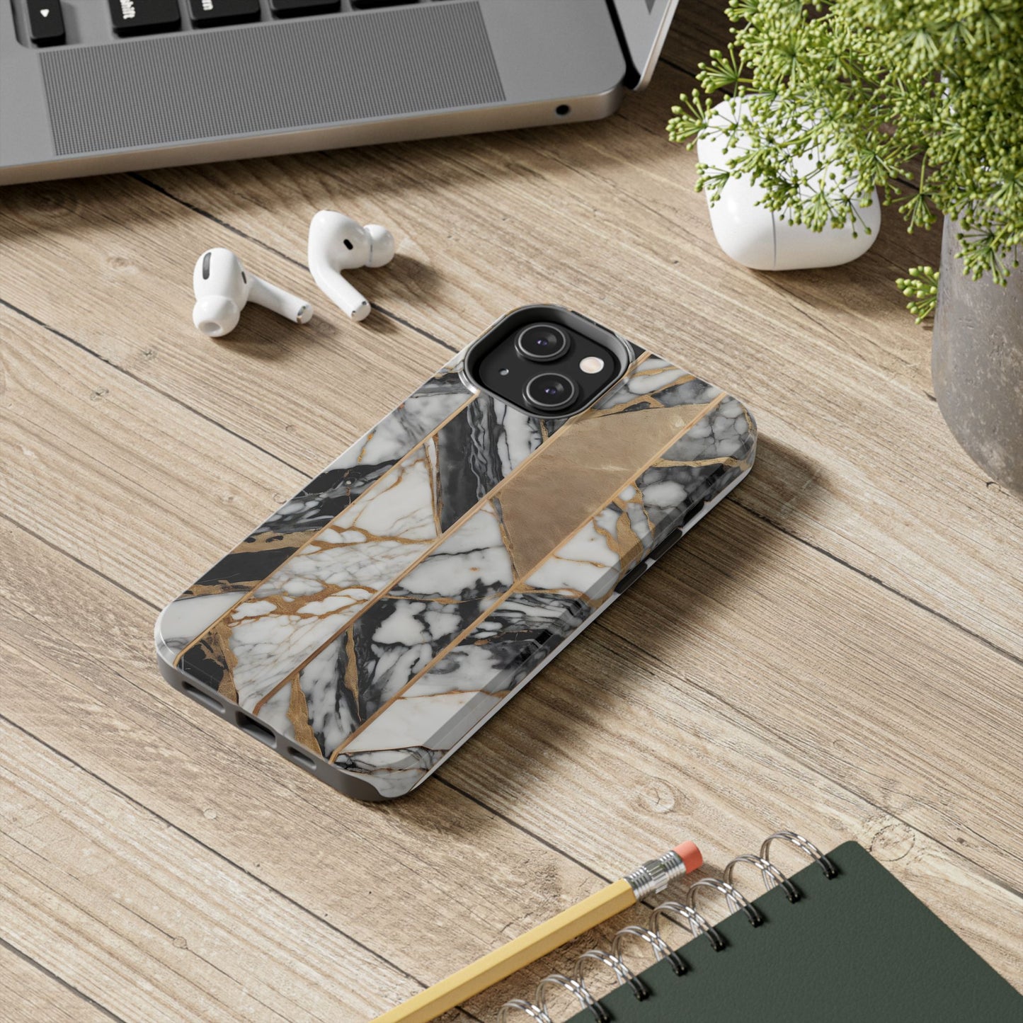 Marble Lines Tough Phone Case with Gold Accents - for iPhone