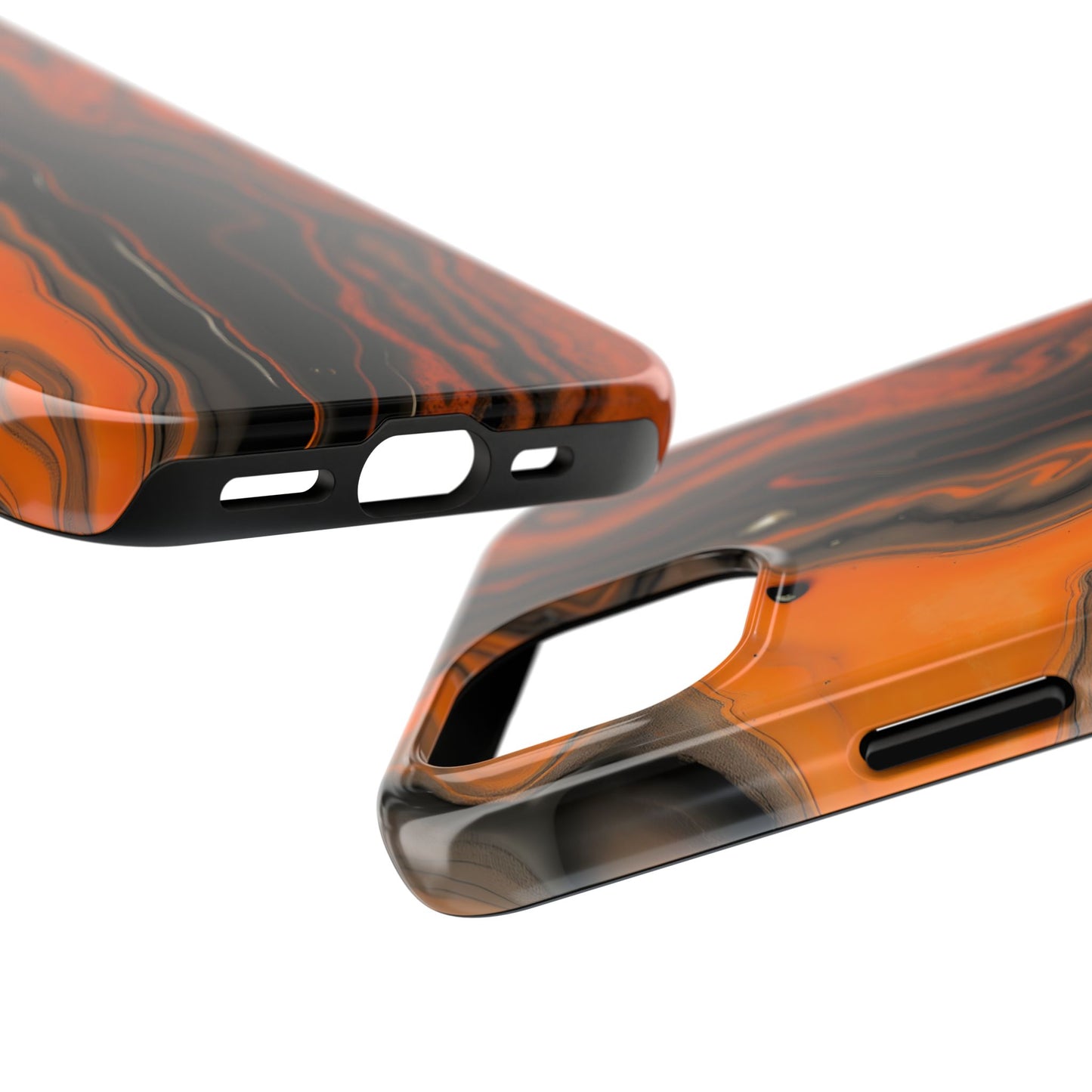 Stylish Tough Phone Case - Bold Black and Orange Metallic Lava Flow Design - for iPhone