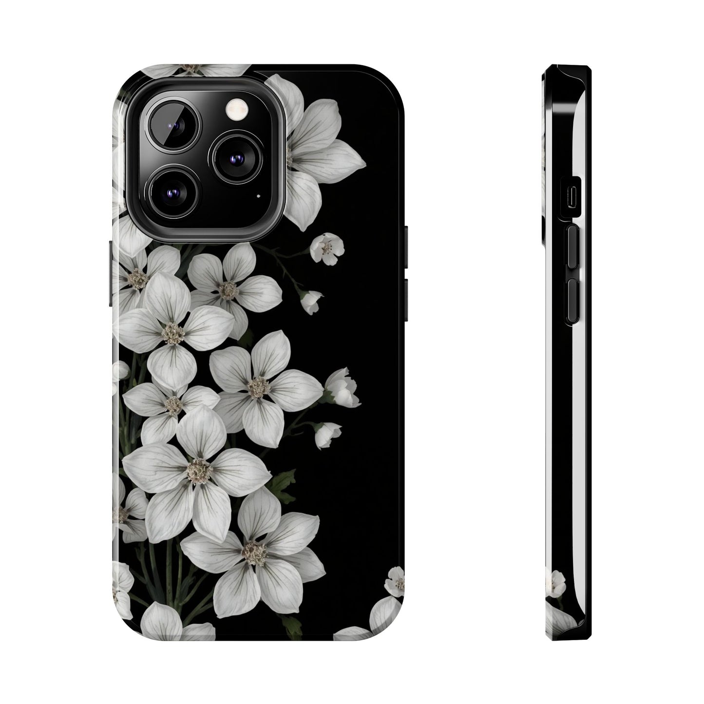 Floral Tough Phone Case - Pure Elegant White Petals on Black Background - for iPhone