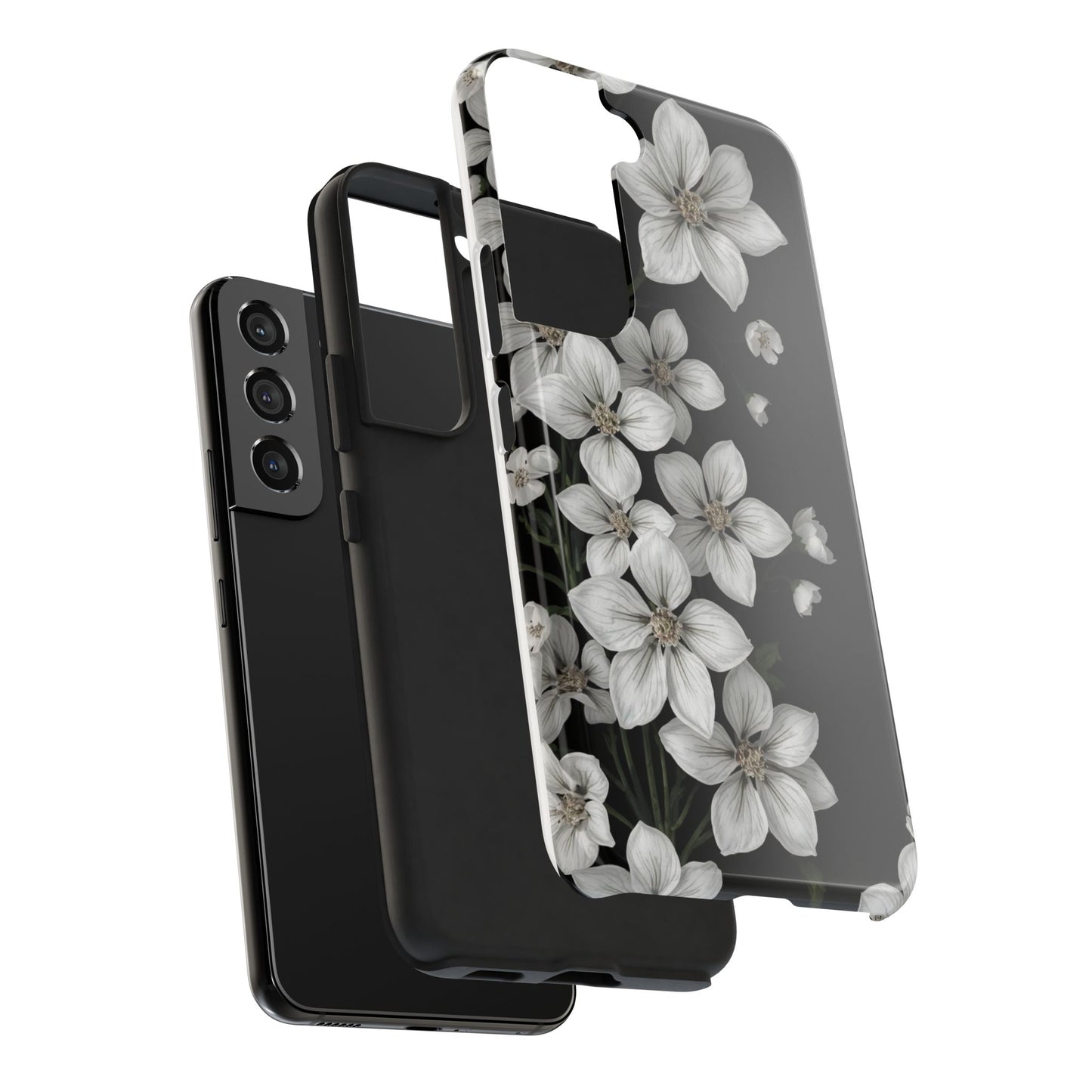 Floral Tough Phone Case - Pure Elegant White Petals on Black Background - for iPhone