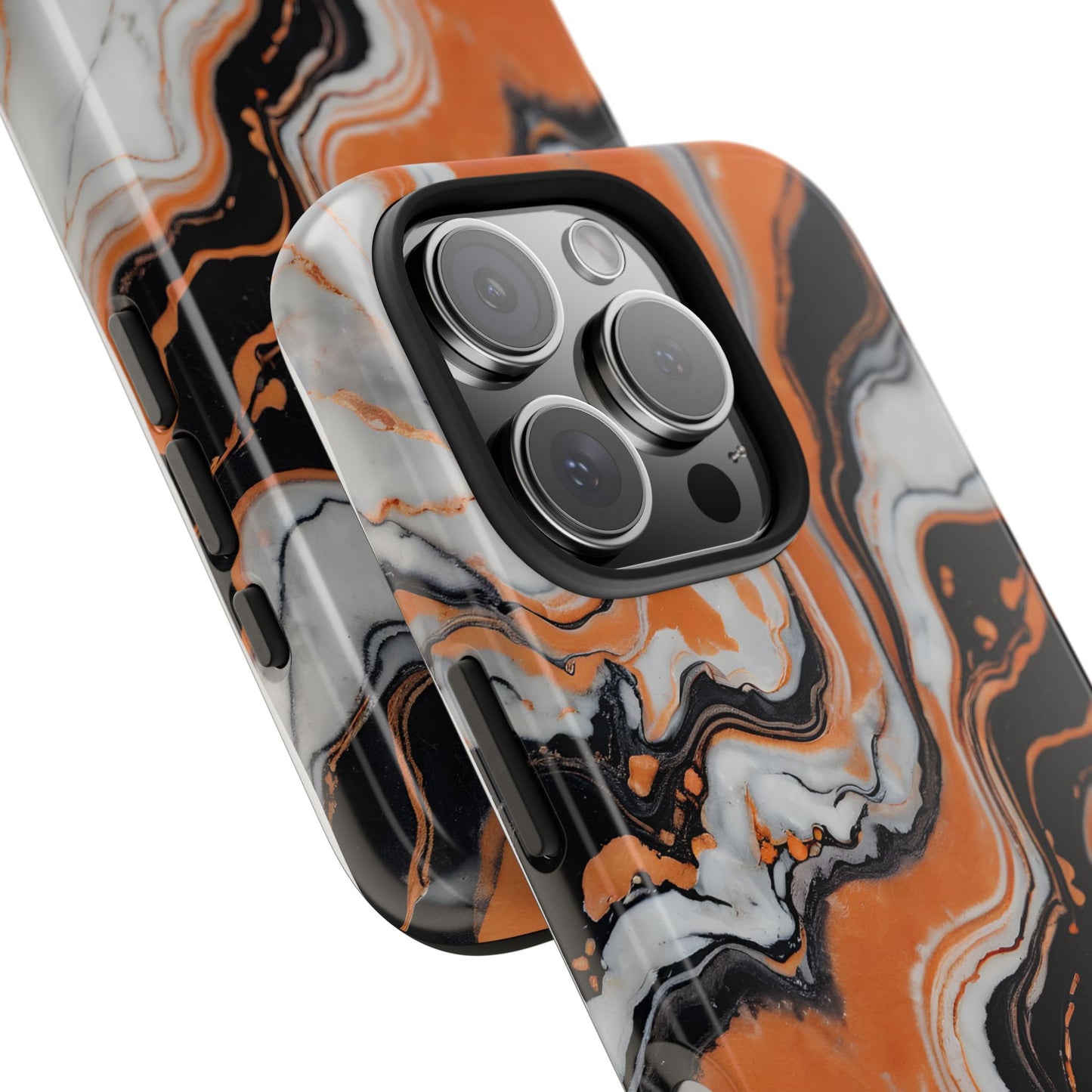 Stylish Tough Phone Case - Elegant Black, White & Orange Marble Design - for iPhone