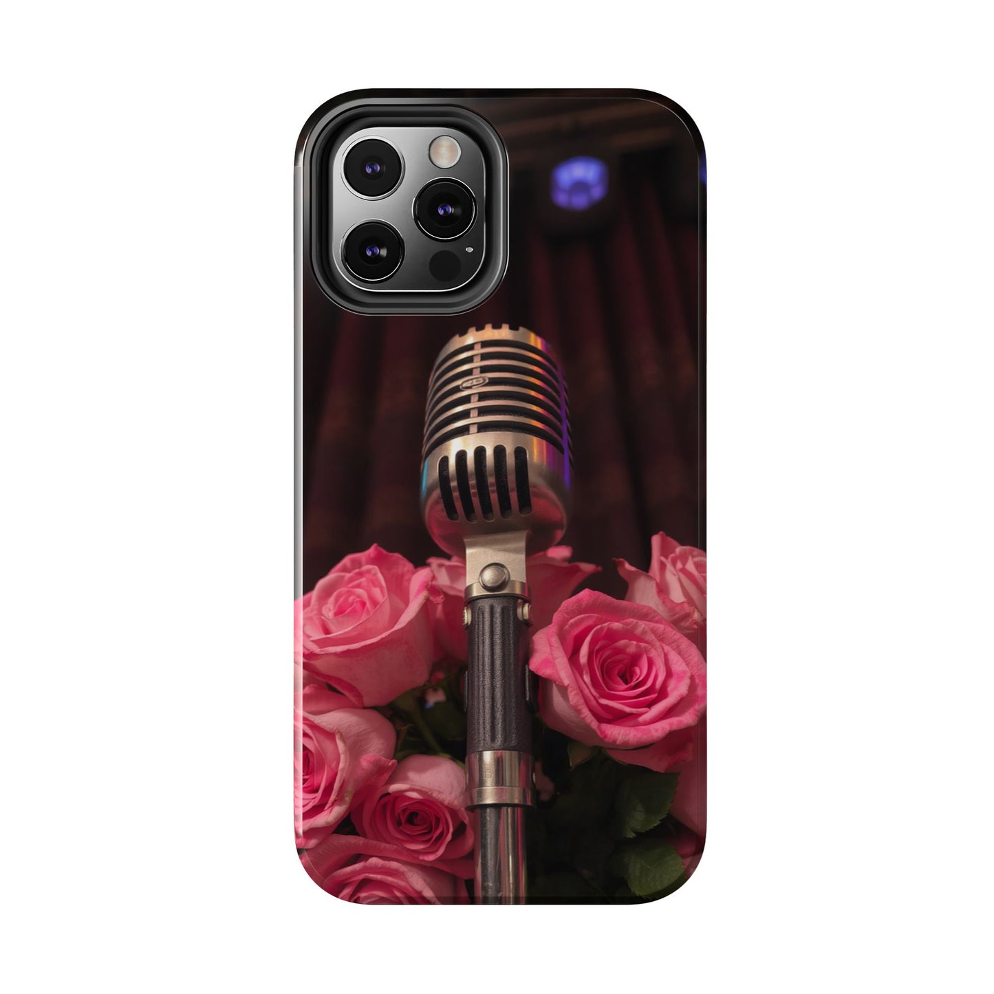 Stylish Tough Phone Case with Vintage Microphone and Roses