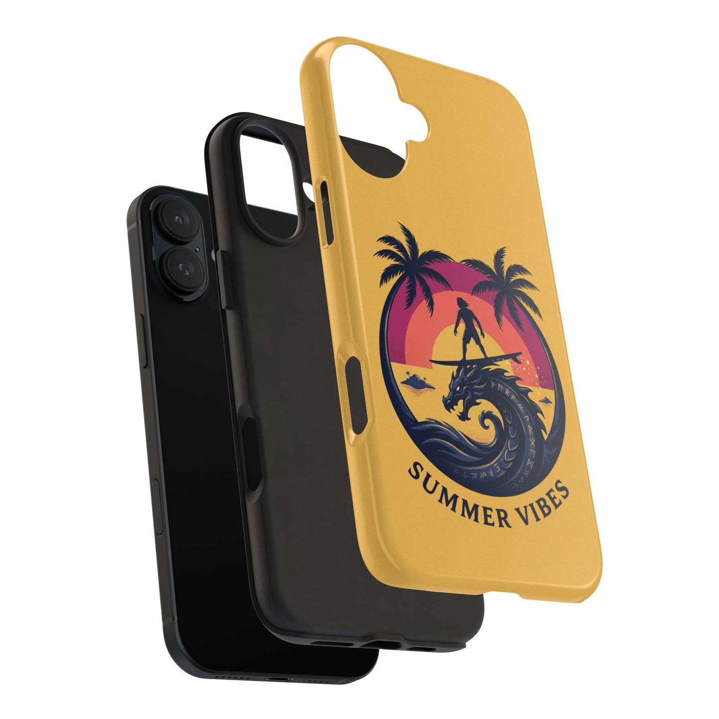 Surfing Dragon Phone Case — Silhouette Surfer with Palms & “Summer Vibes”