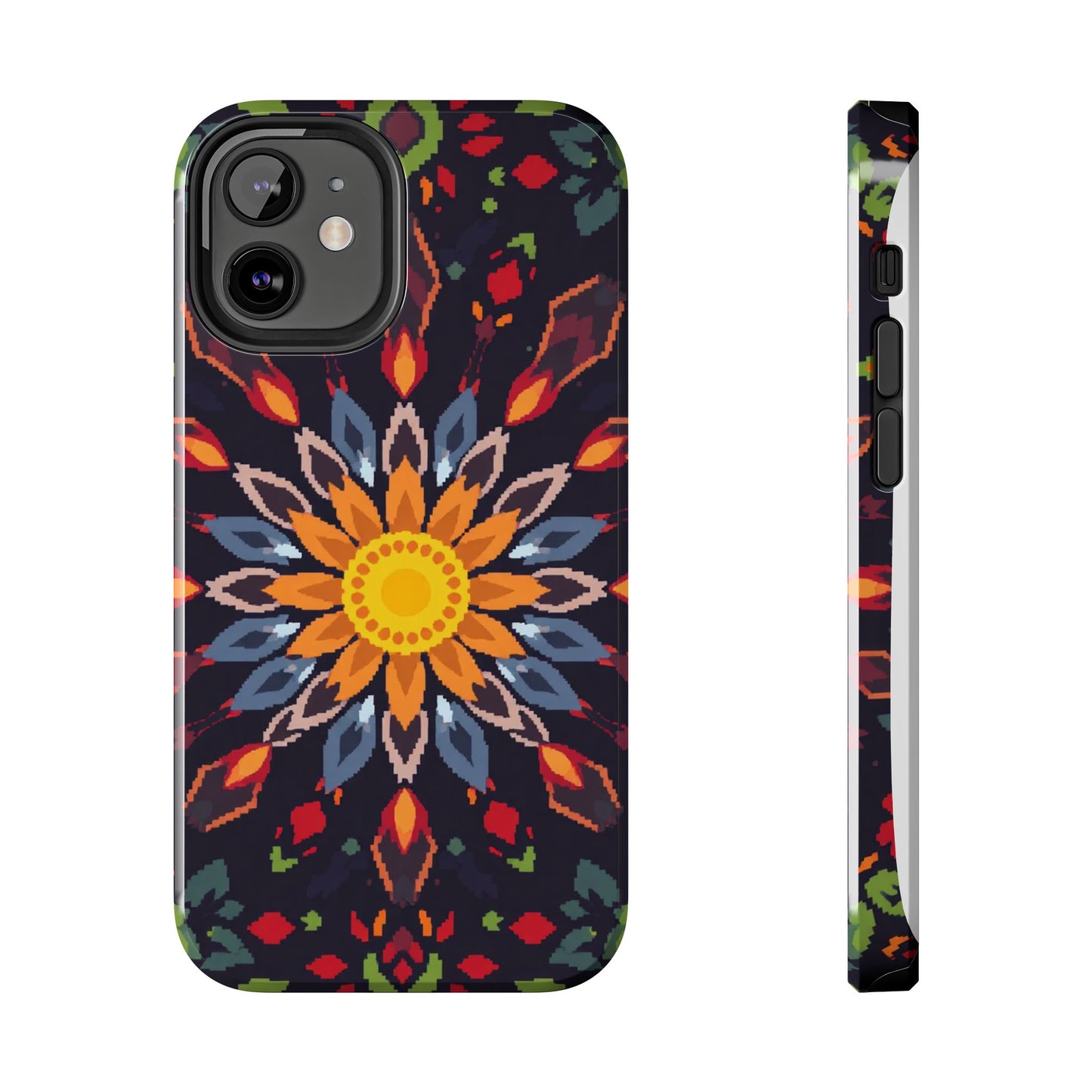 Pixel Art Floral Tough Phone Case - Pixelated Mandala Design for iPhone