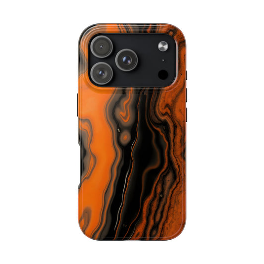Stylish Tough Phone Case - Bold Black and Orange Metallic Lava Flow Design - for iPhone