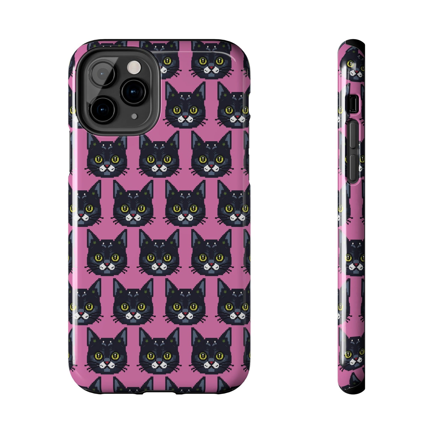 Playful Black Cat on Pink - Tough Phone Case - Pixel Cat Pattern - for iPhone