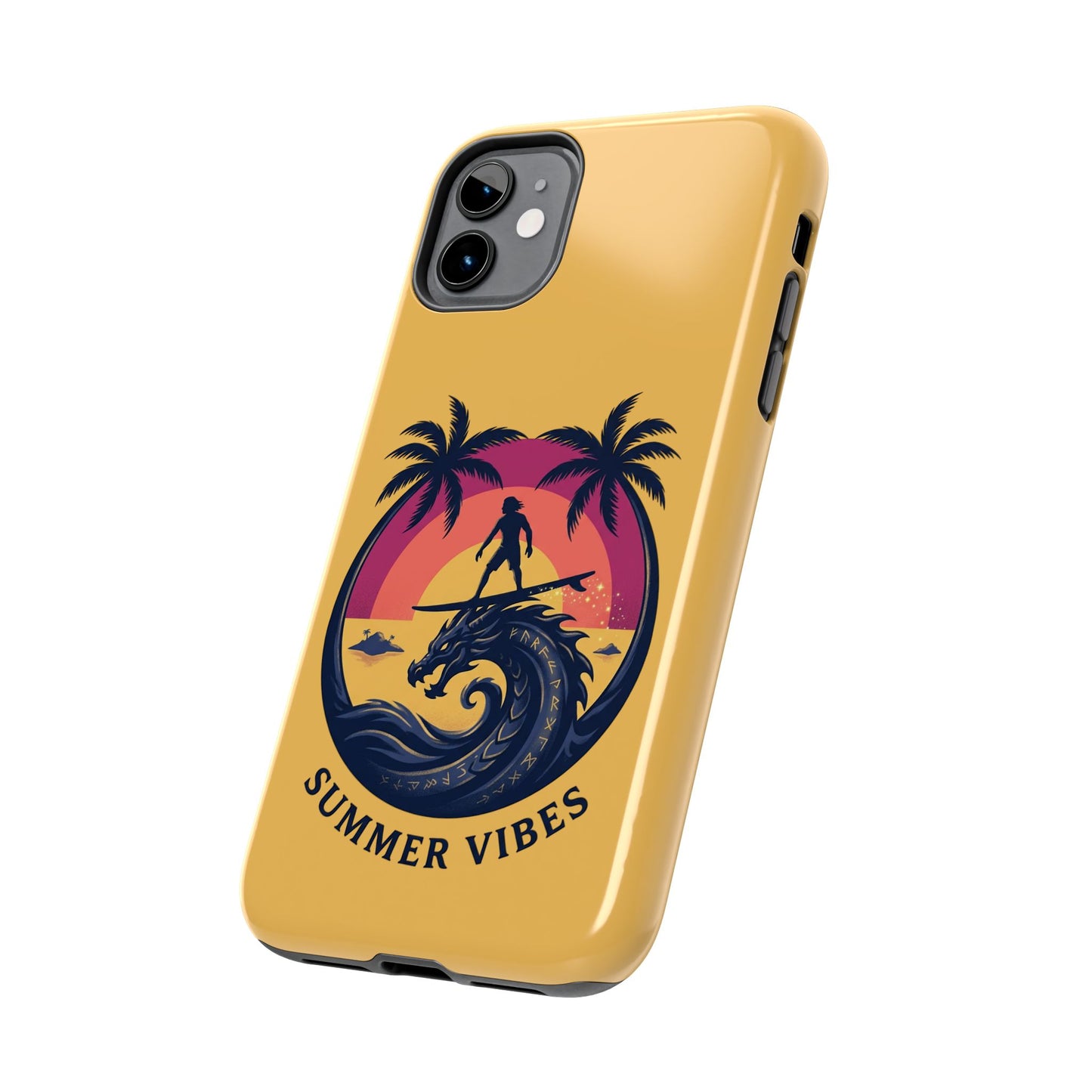 Surfing Dragon Phone Case — Silhouette Surfer with Palms & “Summer Vibes”