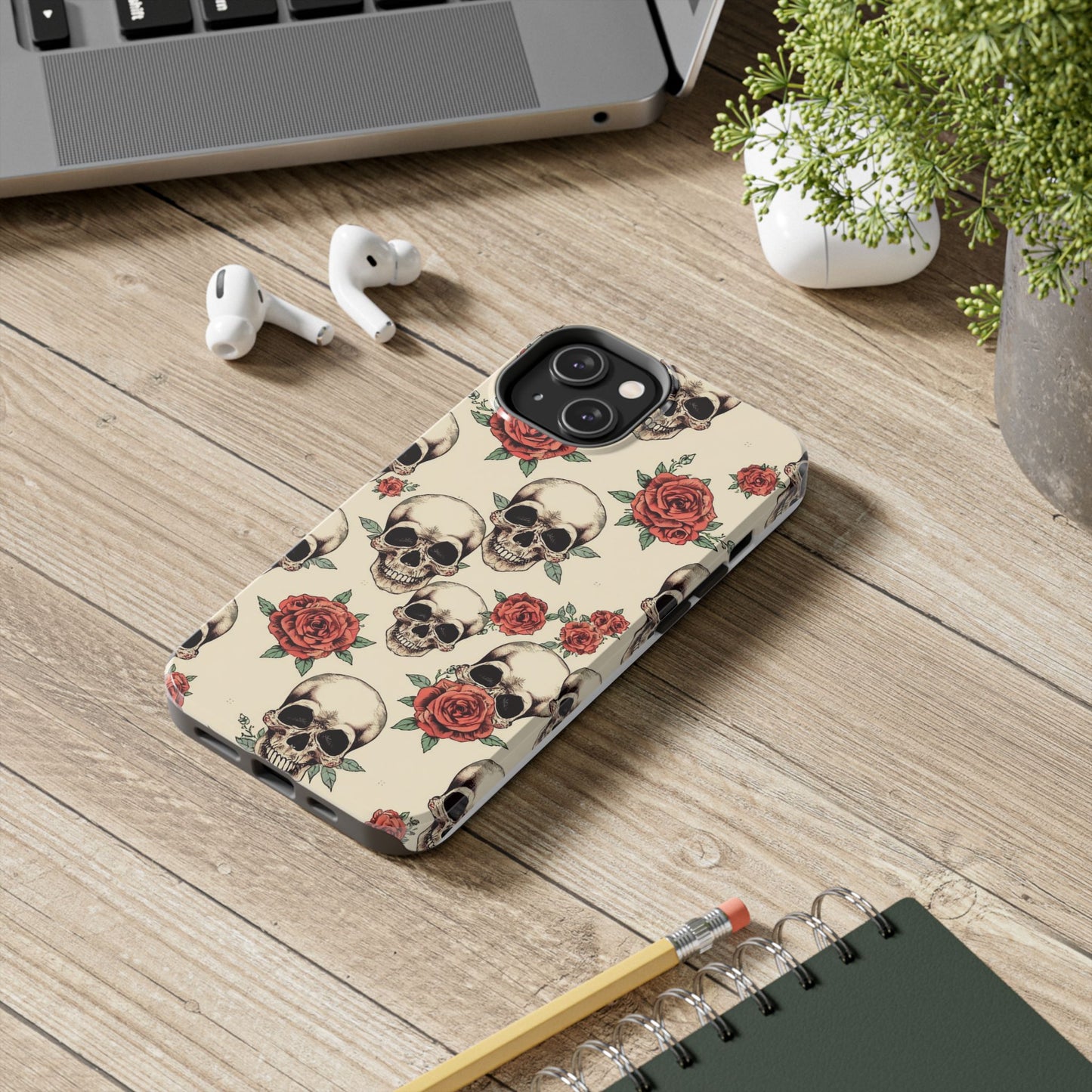 Tough Phone Case with Skull and Rose Design - Edgy Floral iPhone Protection