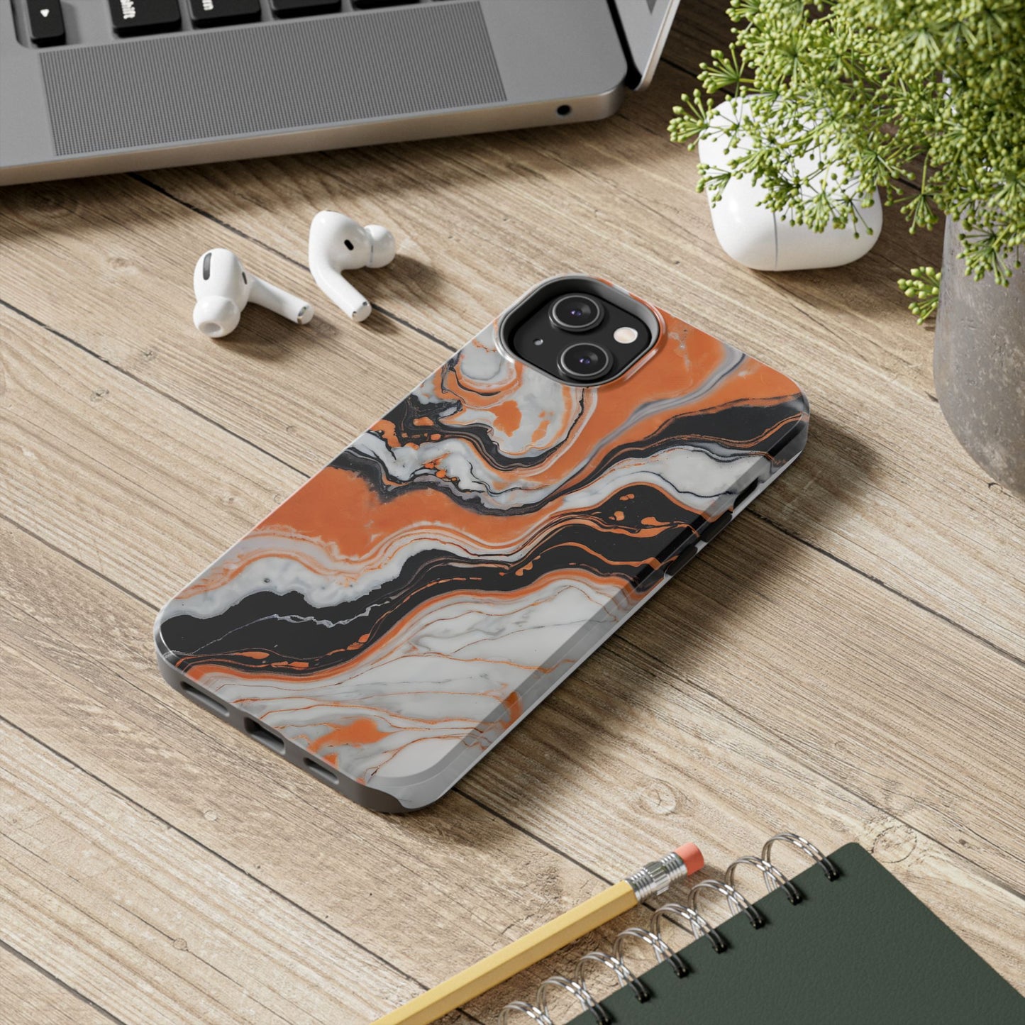 Stylish Tough Phone Case - Elegant Black, White & Orange Marble Design - for iPhone