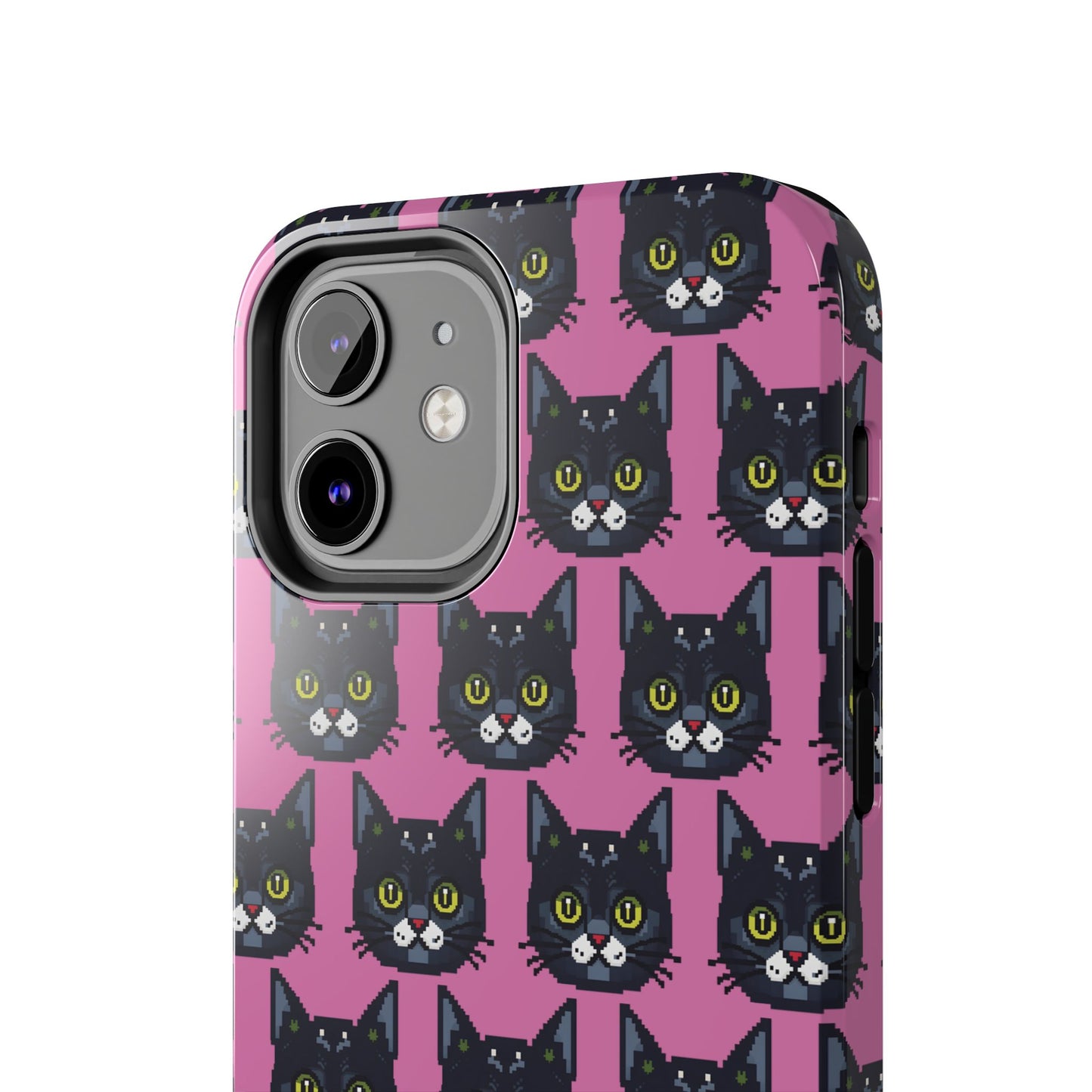 Playful Black Cat on Pink - Tough Phone Case - Pixel Cat Pattern - for iPhone