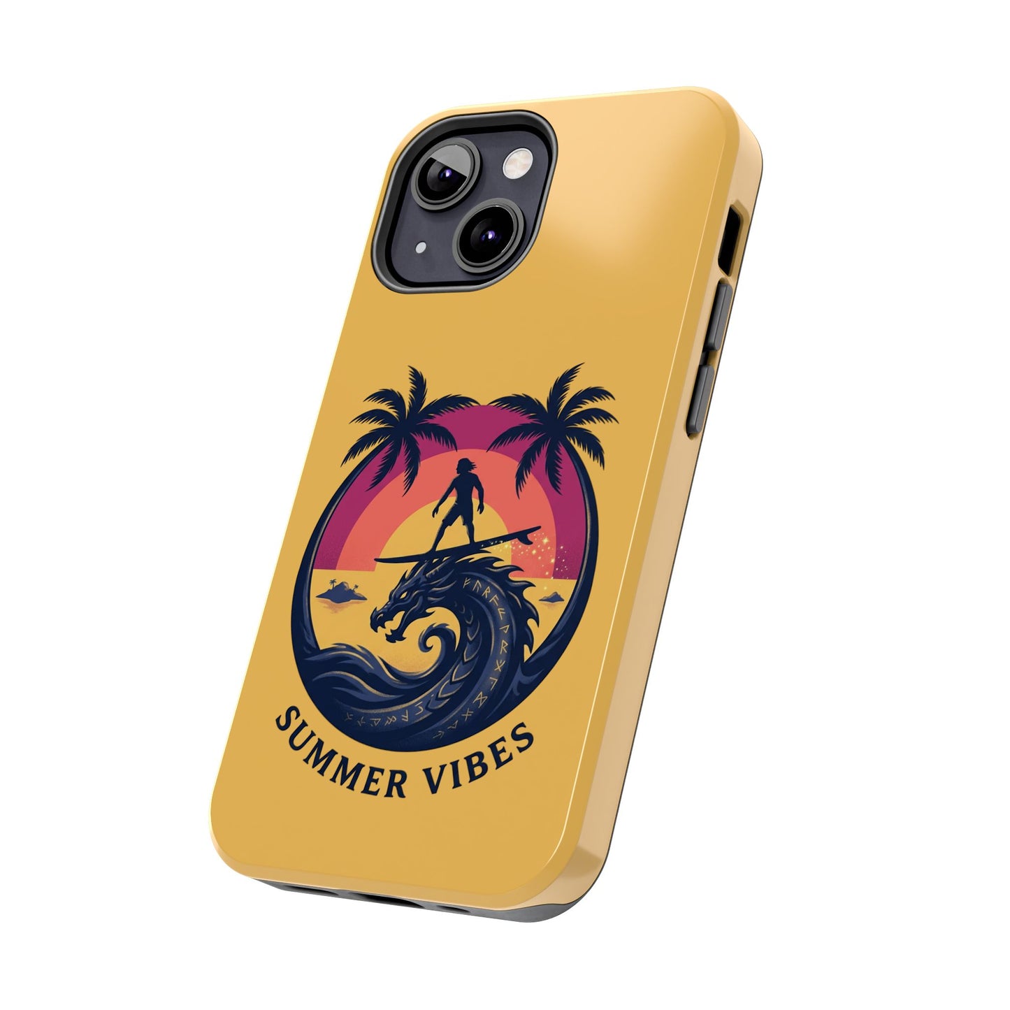 Surfing Dragon Phone Case — Silhouette Surfer with Palms & “Summer Vibes”