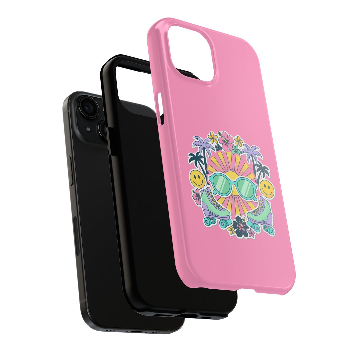Retro Summer Phone Case — Y2K Palm Trees, Roller Skates & Smiley Collage