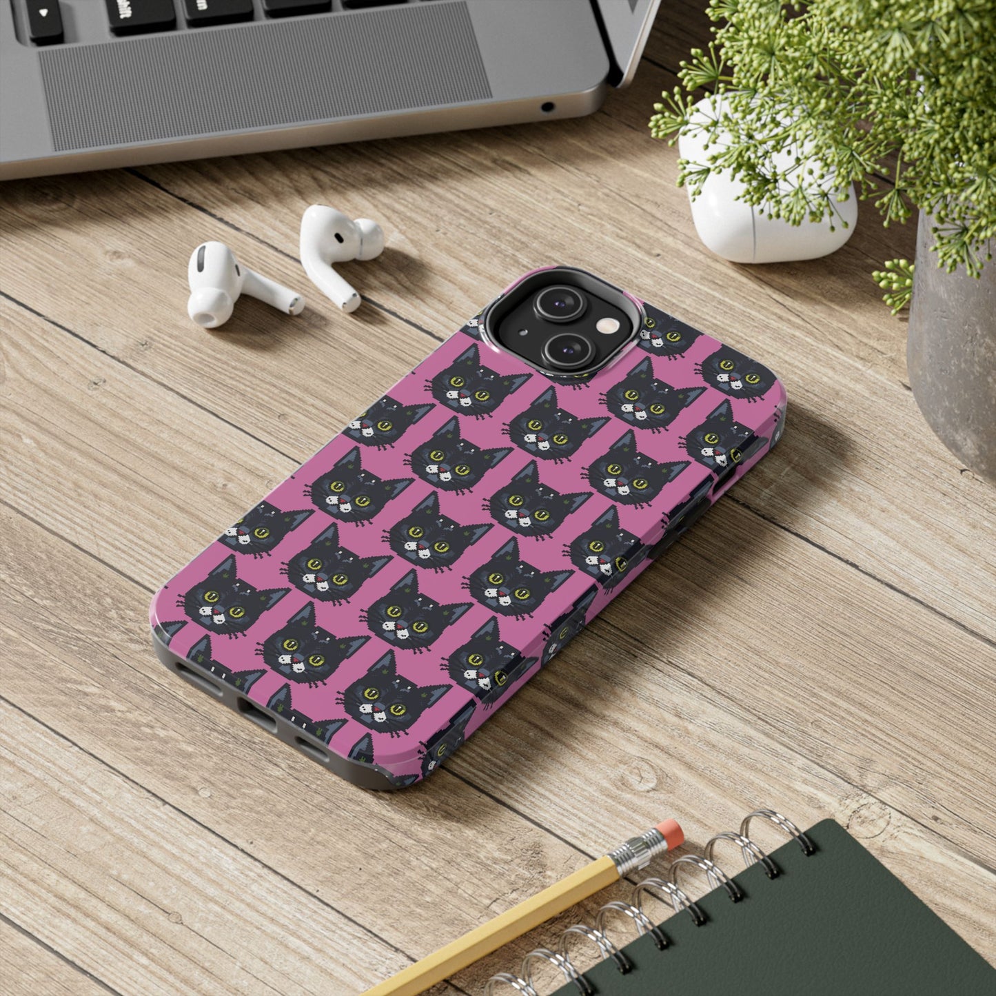 Playful Black Cat on Pink - Tough Phone Case - Pixel Cat Pattern - for iPhone