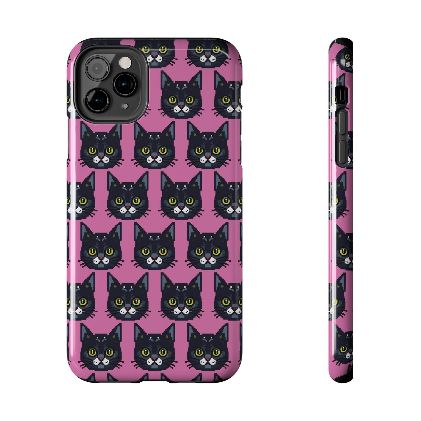 Playful Black Cat on Pink - Tough Phone Case - Pixel Cat Pattern - for iPhone
