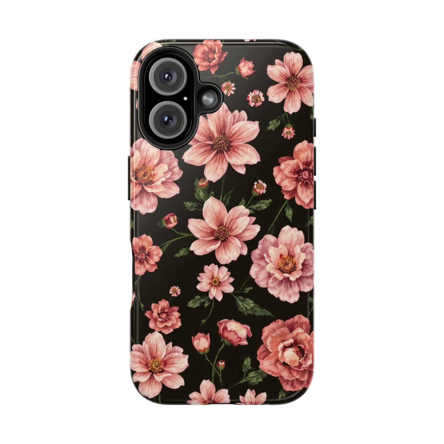 Floral Tough Phone Case - Durable Protection with Elegant Pink Flowers on Black Design - for iPhone
