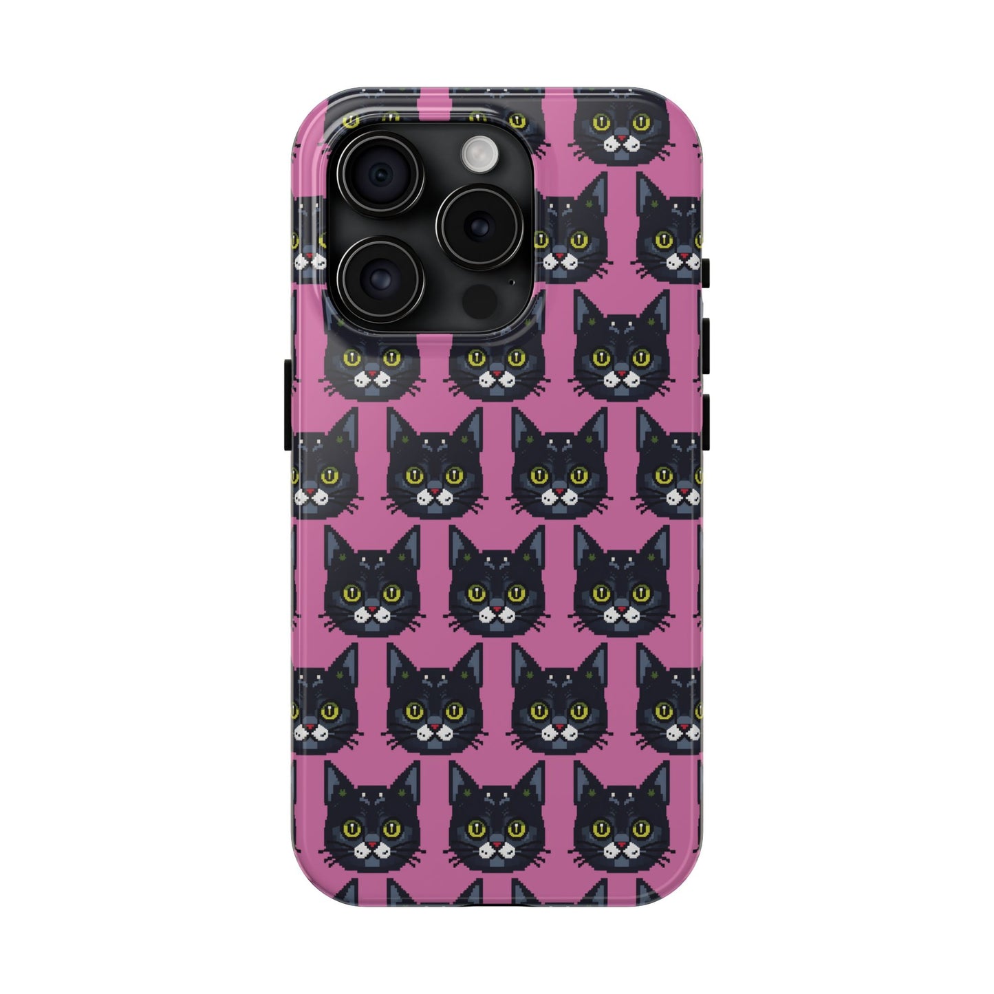 Playful Black Cat on Pink - Tough Phone Case - Pixel Cat Pattern - for iPhone
