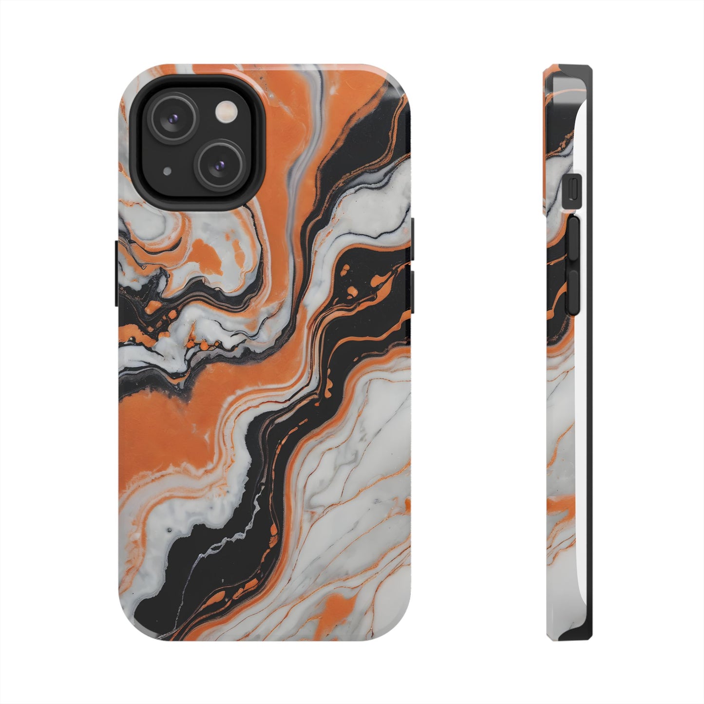 Stylish Tough Phone Case - Elegant Black, White & Orange Marble Design - for iPhone
