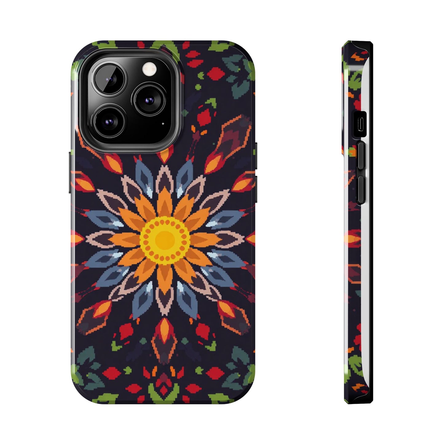 Pixel Art Floral Tough Phone Case - Pixelated Mandala Design for iPhone