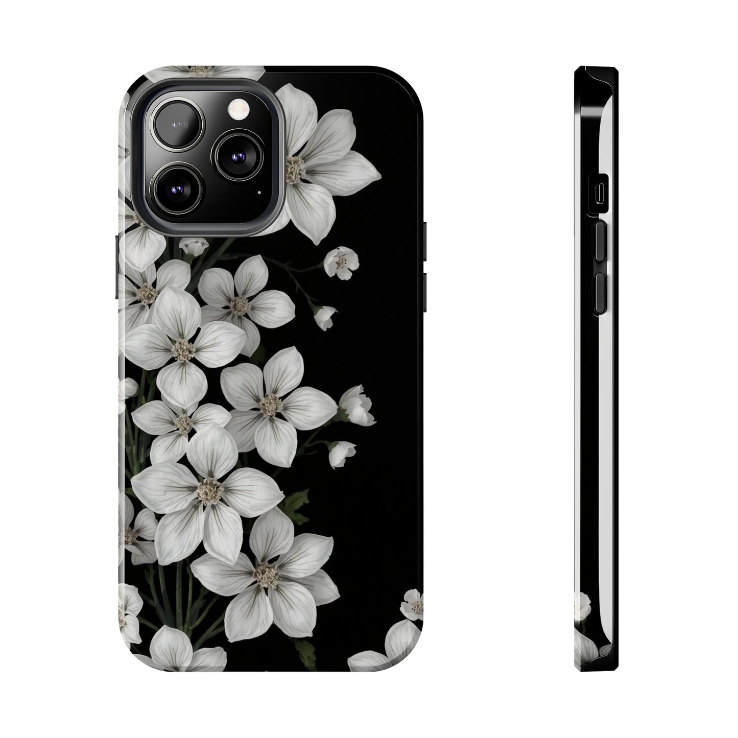 Floral Tough Phone Case - Pure Elegant White Petals on Black Background - for iPhone