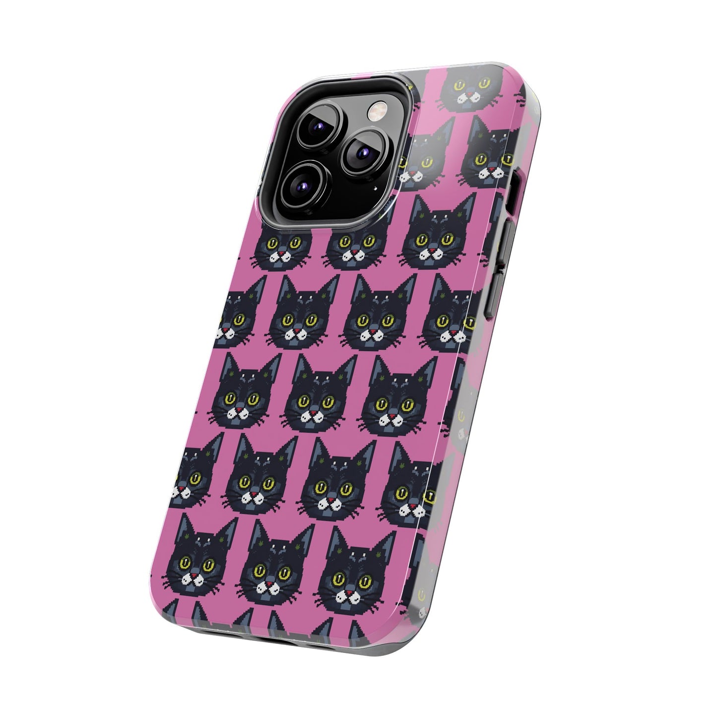 Playful Black Cat on Pink - Tough Phone Case - Pixel Cat Pattern - for iPhone